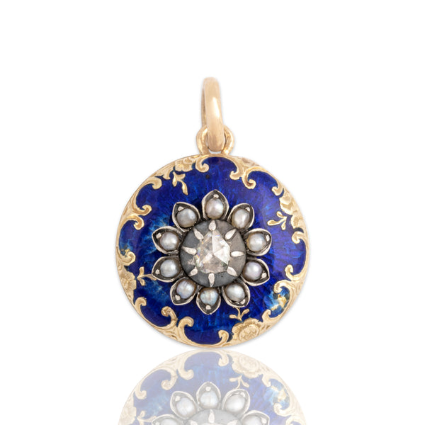 Antique Georgian 14k Rosy Yellow Gold & Silver Rose Cut Diamond Pearl Incredible Blue Enamel Decorated Dome Charm / Pendant - Close-up view