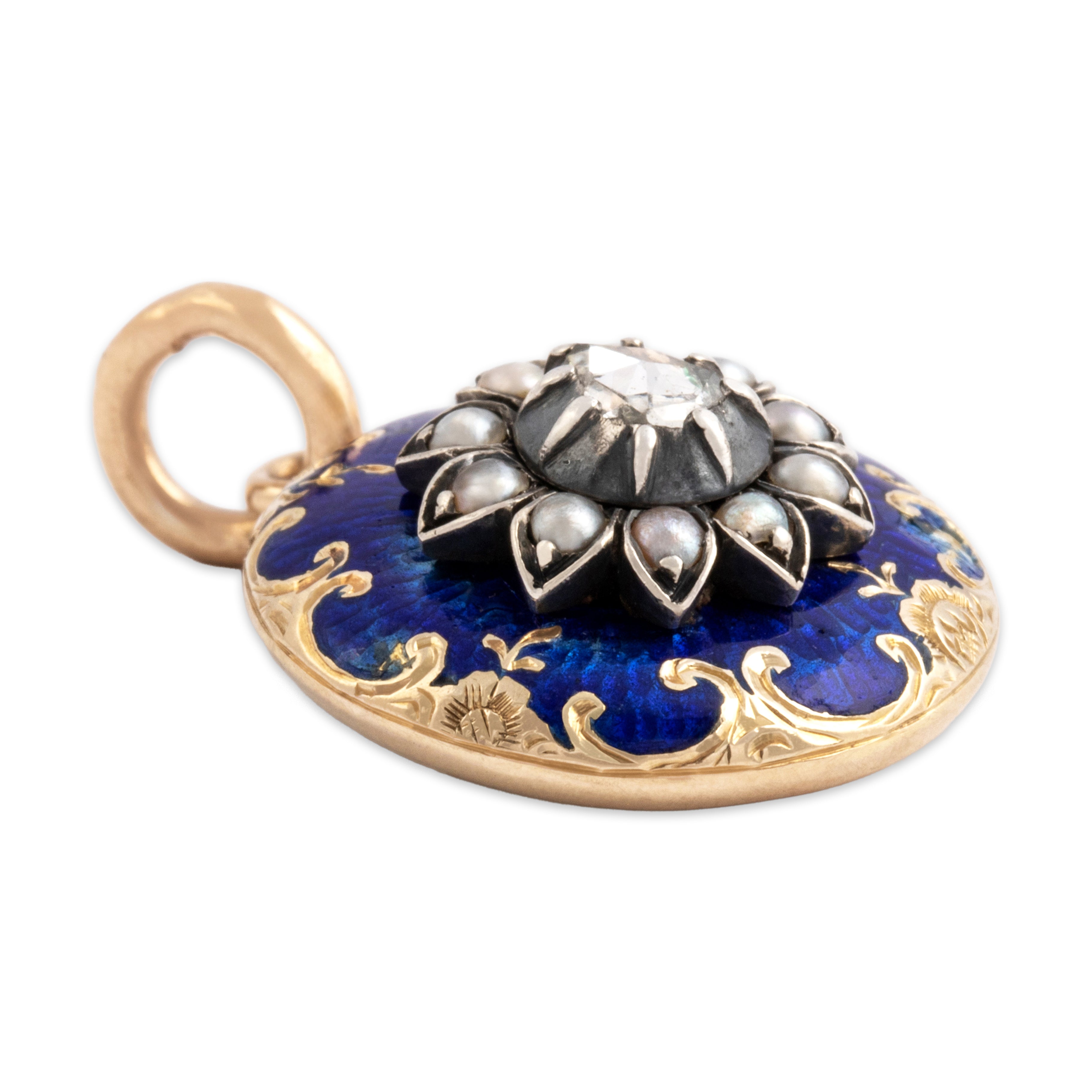 Antique Georgian 14k Rosy Yellow Gold & Silver Rose Cut Diamond Pearl Incredible Blue Enamel Decorated Dome Charm / Pendant - Side view