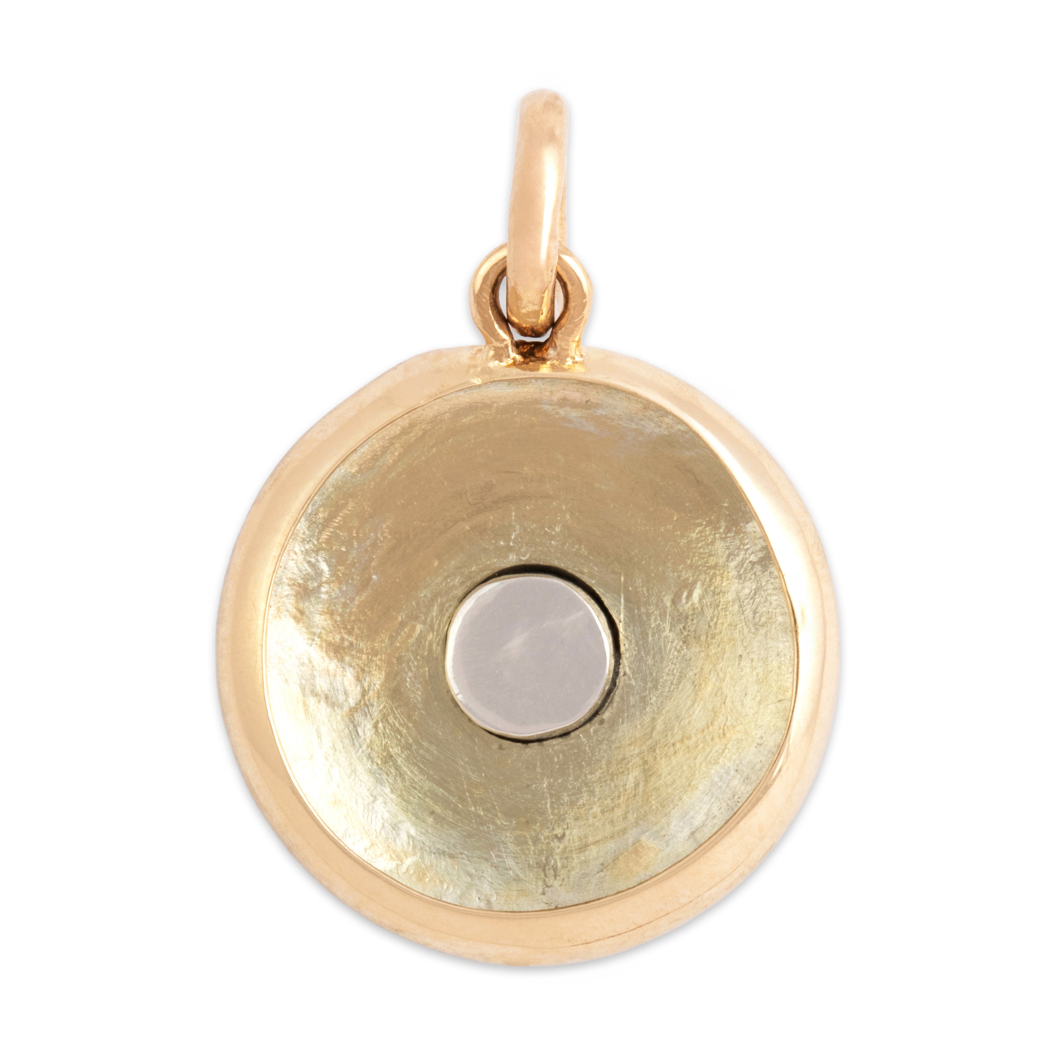 Antique Georgian 14k Rosy Yellow Gold & Silver Rose Cut Diamond Pearl Incredible Blue Enamel Decorated Dome Charm / Pendant - Back view
