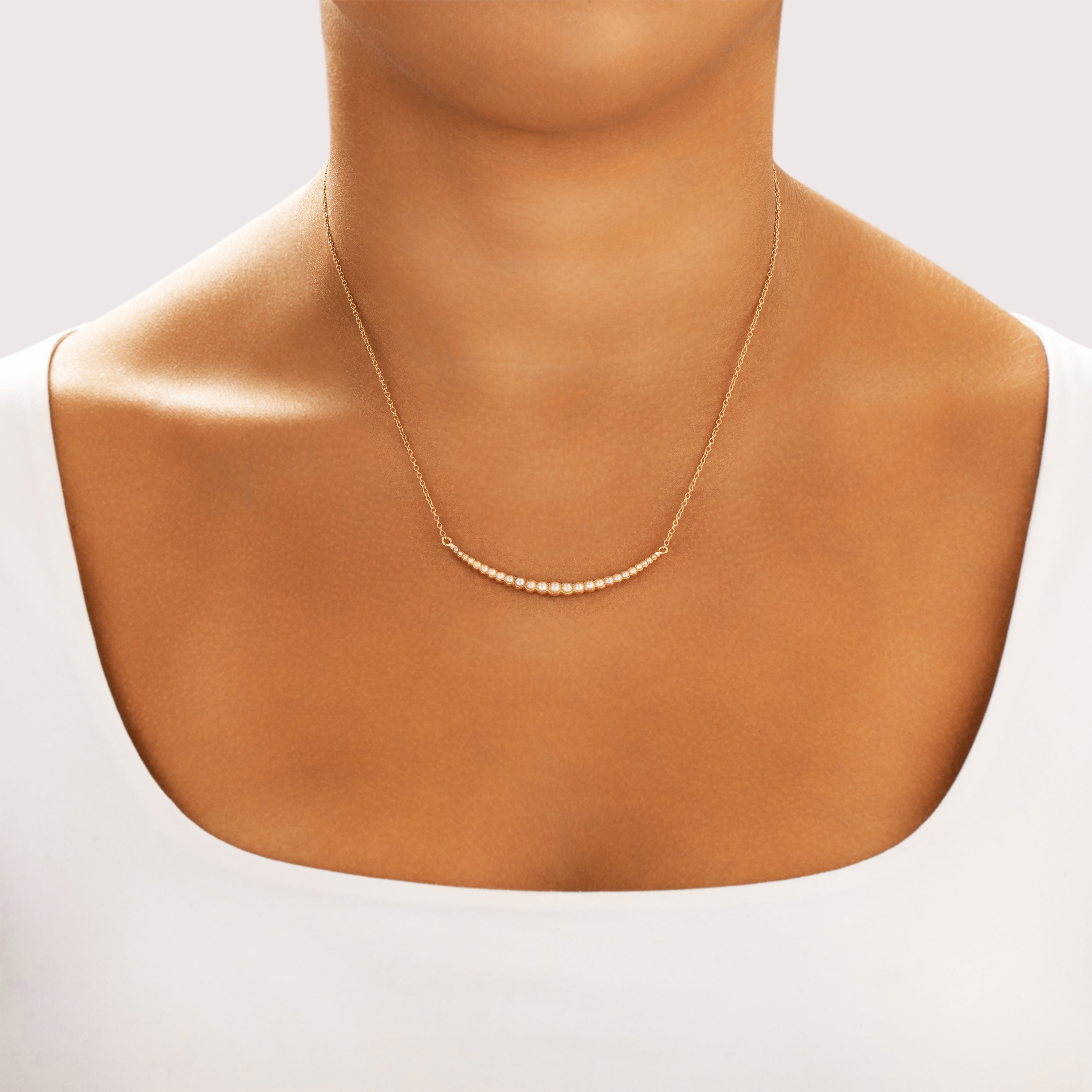 Antique 14k Rosy Yellow & Yellow Gold Pearl Stunning Graduated Crescent Necklace - On model view