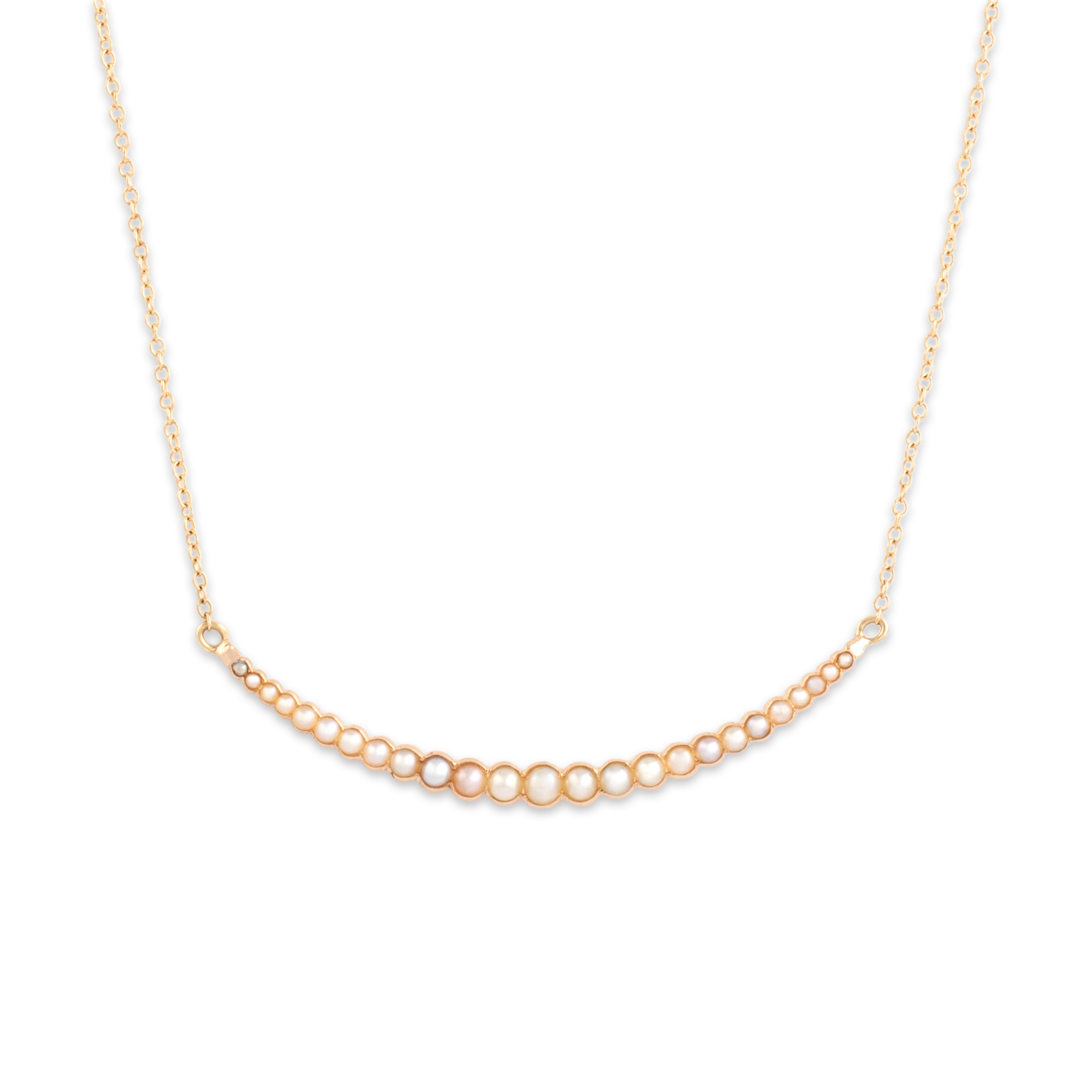 Antique 14k Rosy Yellow & Yellow Gold Pearl Stunning Graduated Crescent Necklace - Close-up view