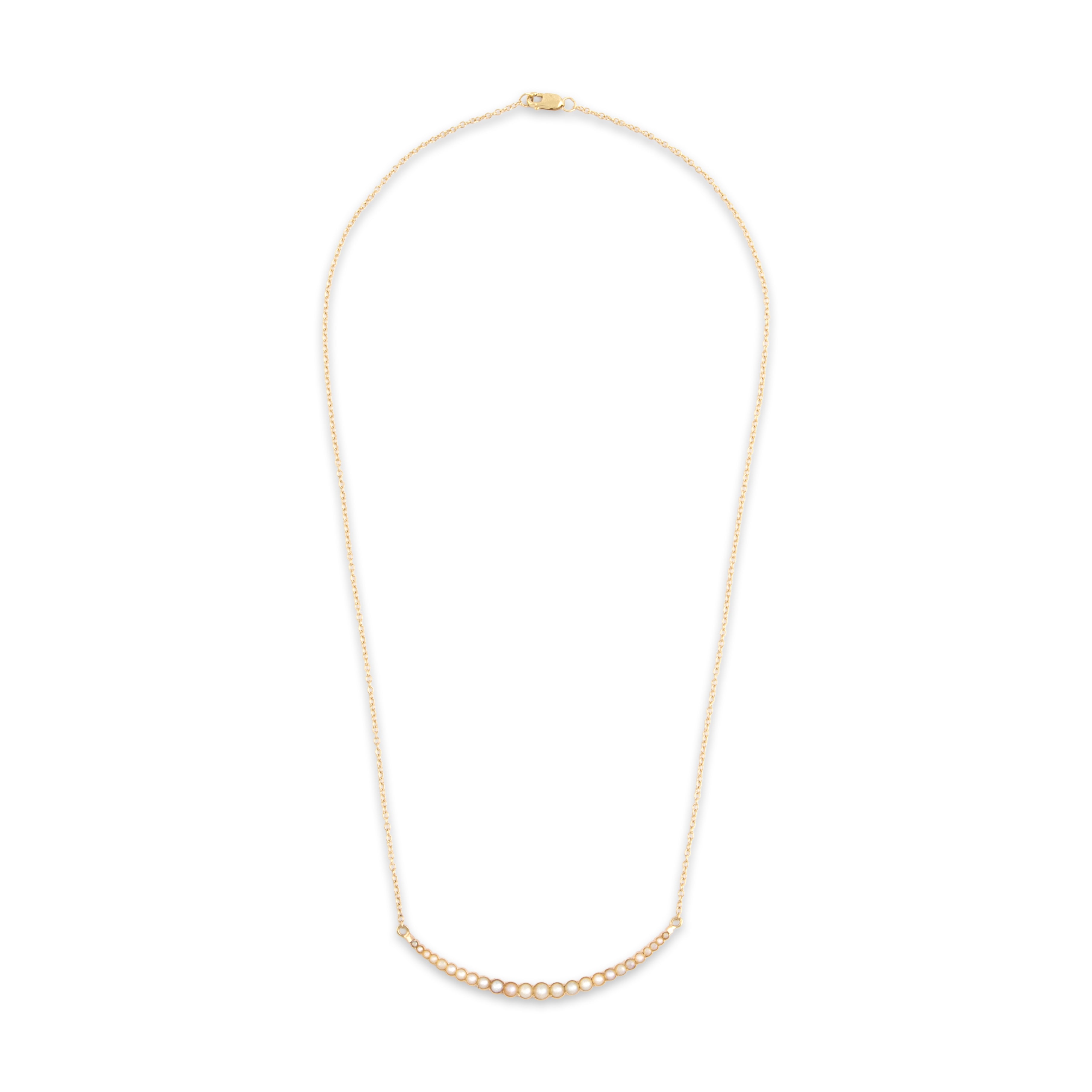 Antique 14k Rosy Yellow & Yellow Gold Pearl Stunning Graduated Crescent Necklace - Overall view