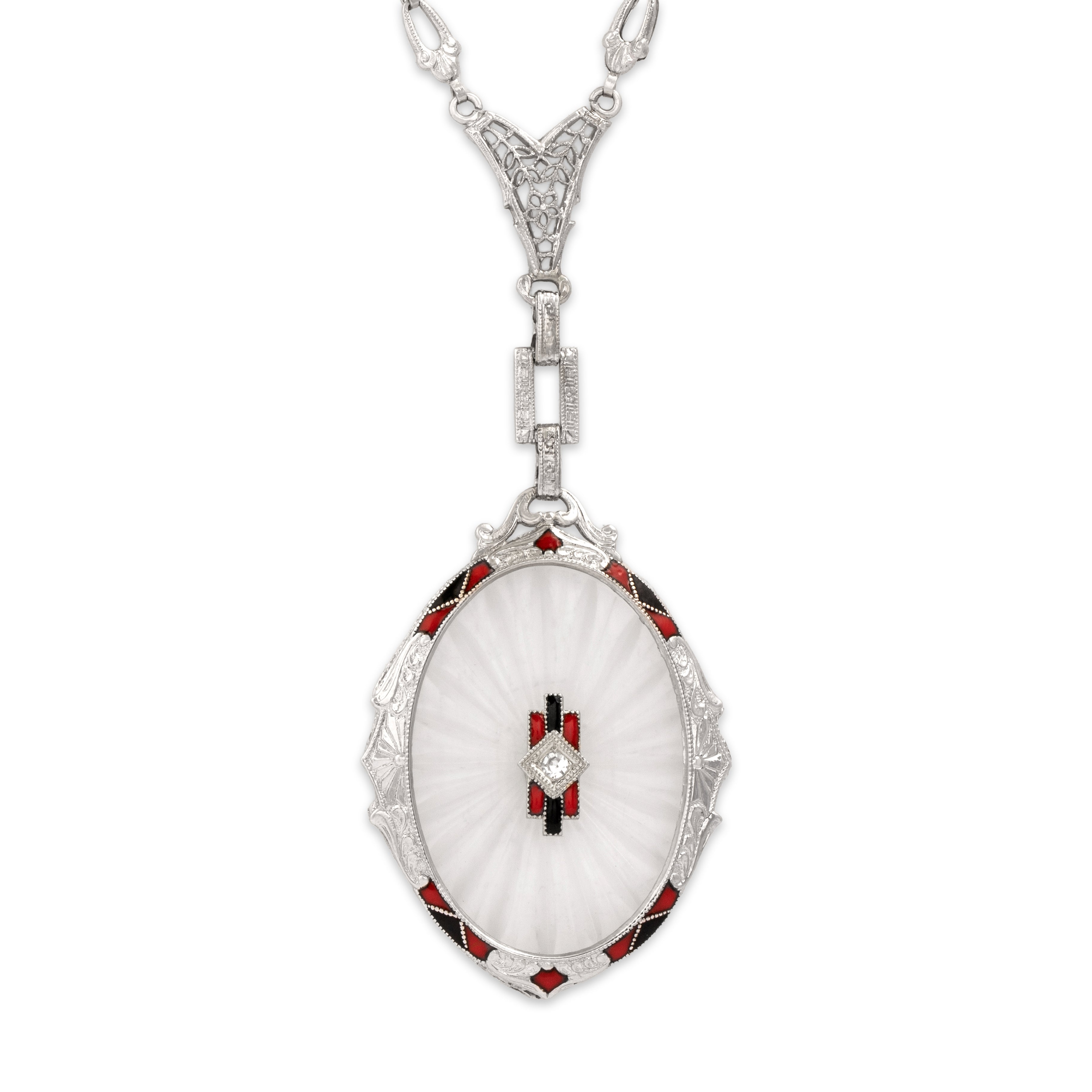 Antique Art Deco 14k White Gold Diamond Camphor Glass Enamel Necklace - Close-up view