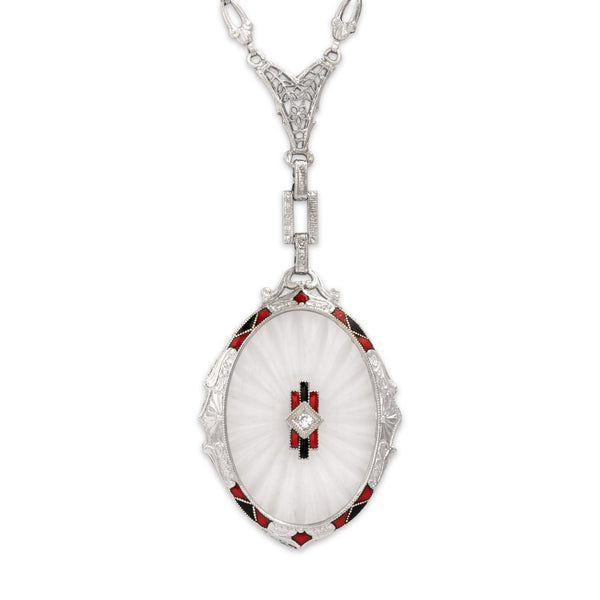Antique Art Deco 14k White Gold Diamond Camphor Glass Enamel Necklace 16.25