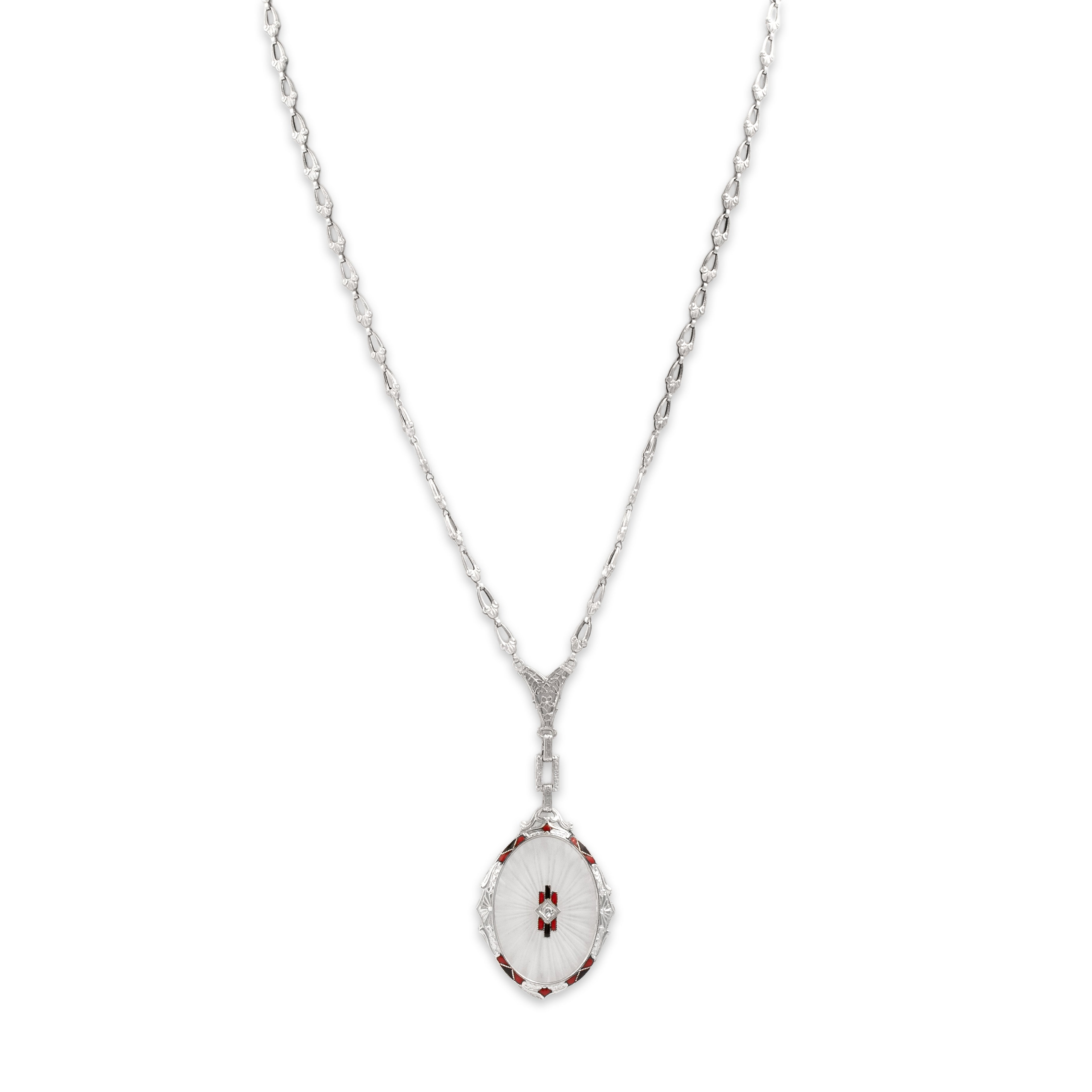 Antique Art Deco 14k White Gold Diamond Camphor Glass Enamel Necklace - detail view #1
