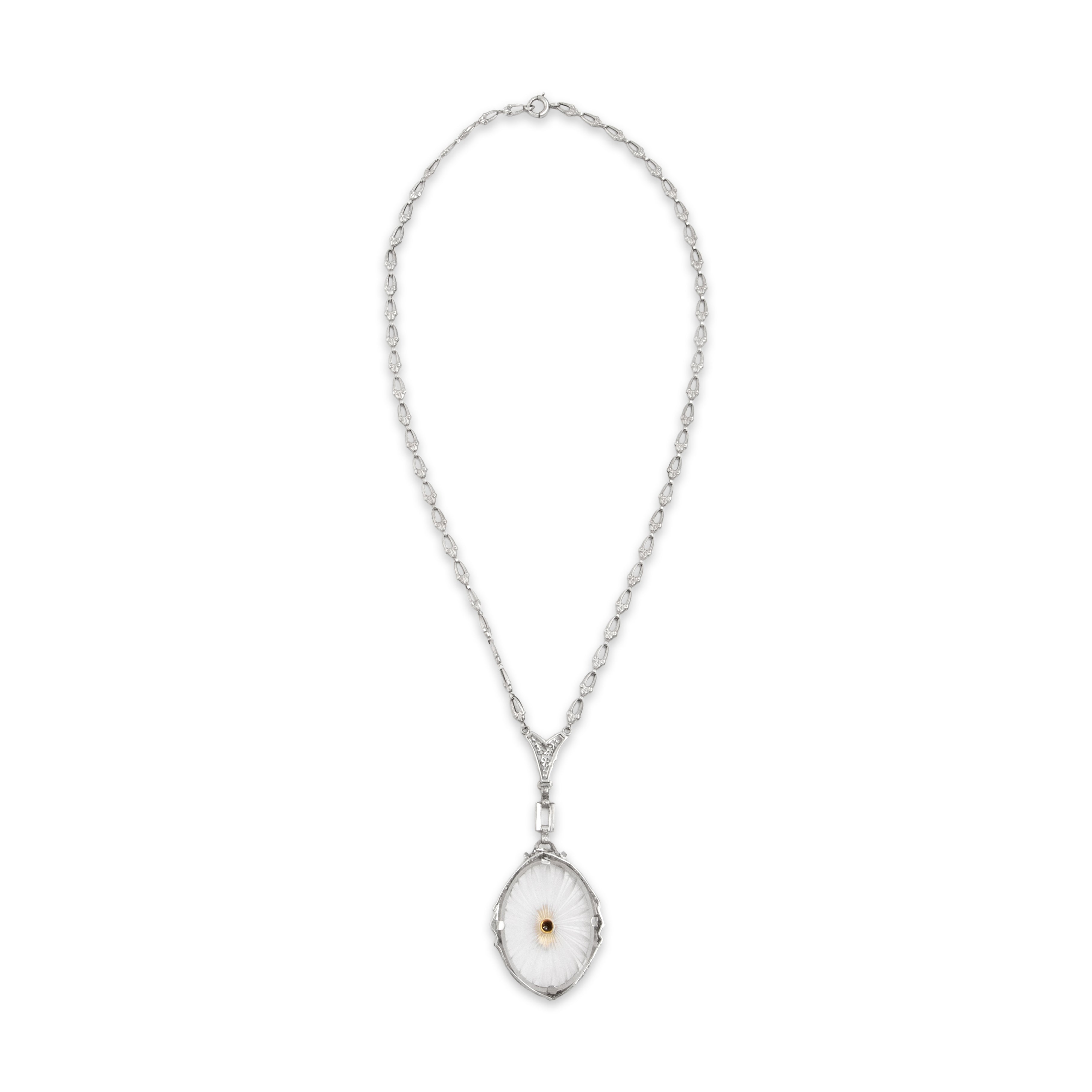 Antique Art Deco 14k White Gold Diamond Camphor Glass Enamel Necklace - Overall view