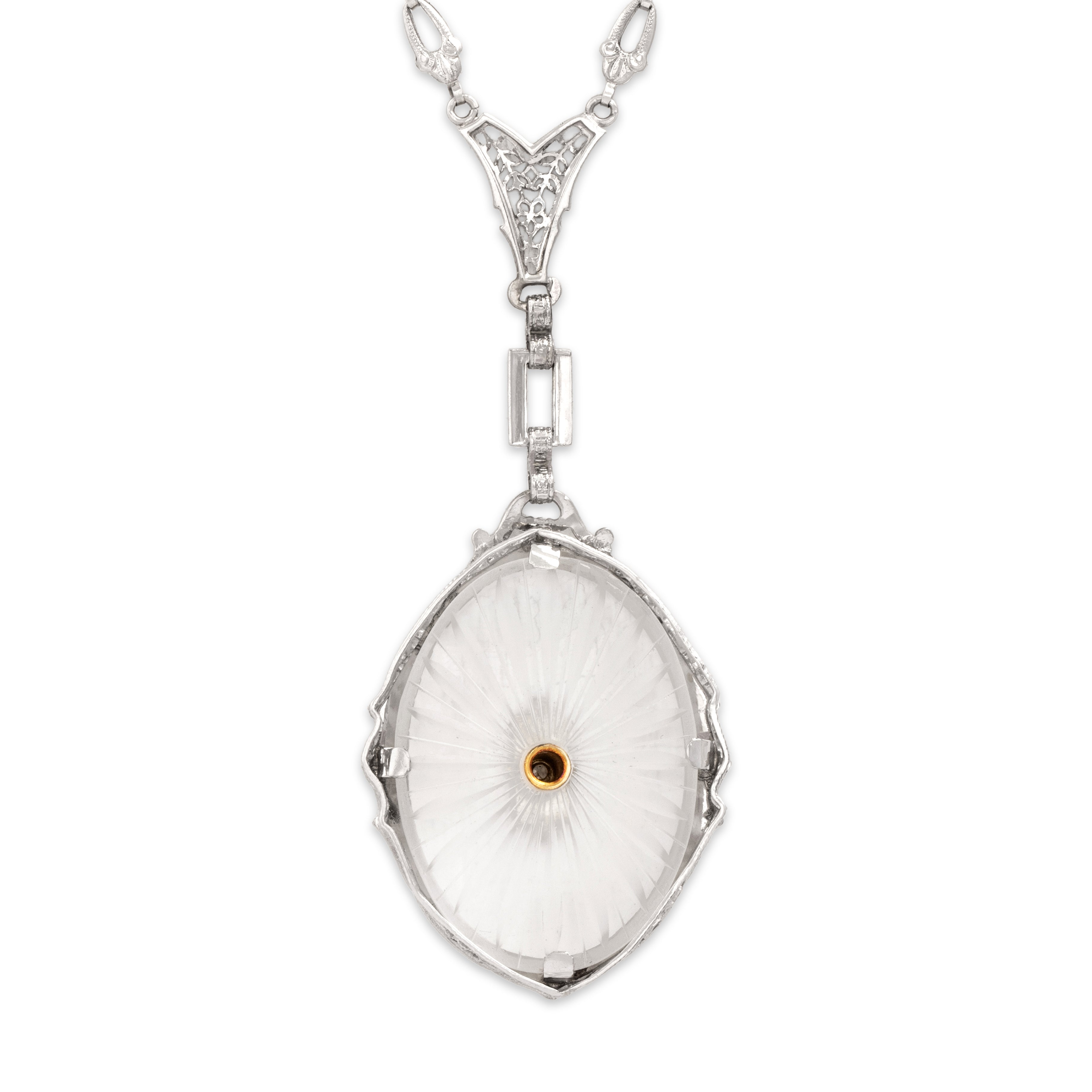 Antique Art Deco 14k White Gold Diamond Camphor Glass Enamel Necklace - detail view #2