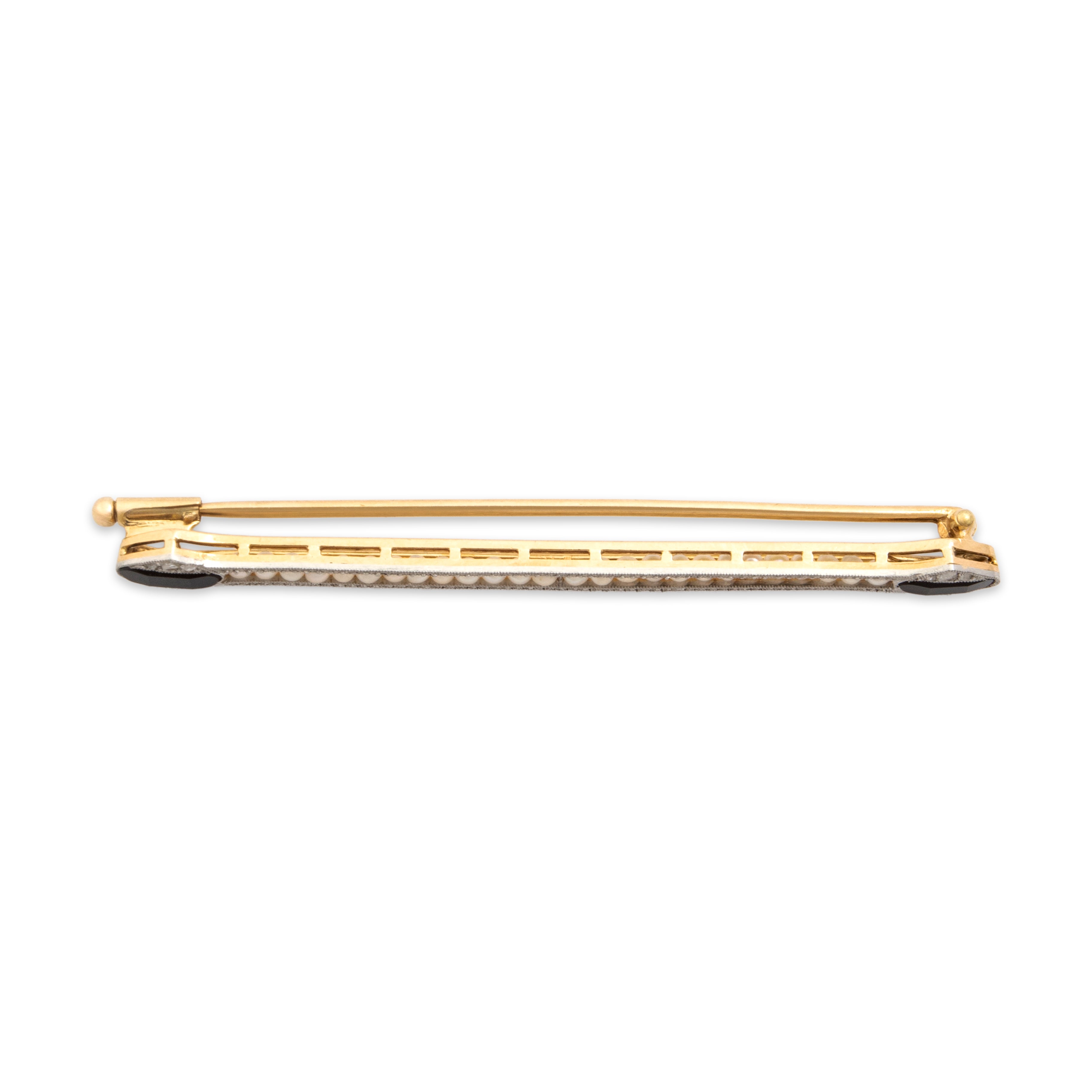 Antique Art Deco 18k Yellow Gold & Platinum Pearl Onyx Diamond Superb Elongated Bar Brooch / Pin - detail view #1