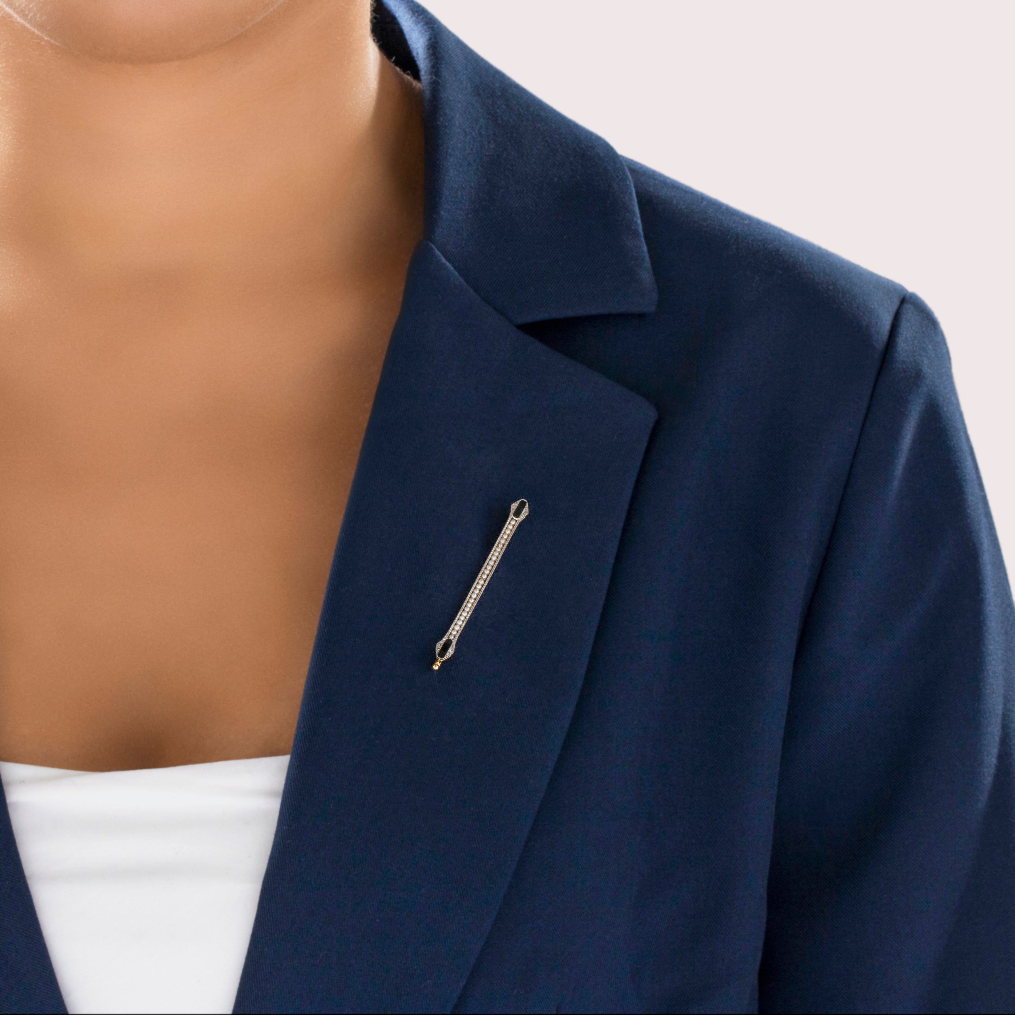 Antique Art Deco 18k Yellow Gold & Platinum Pearl Onyx Diamond Superb Elongated Bar Brooch / Pin - On model view