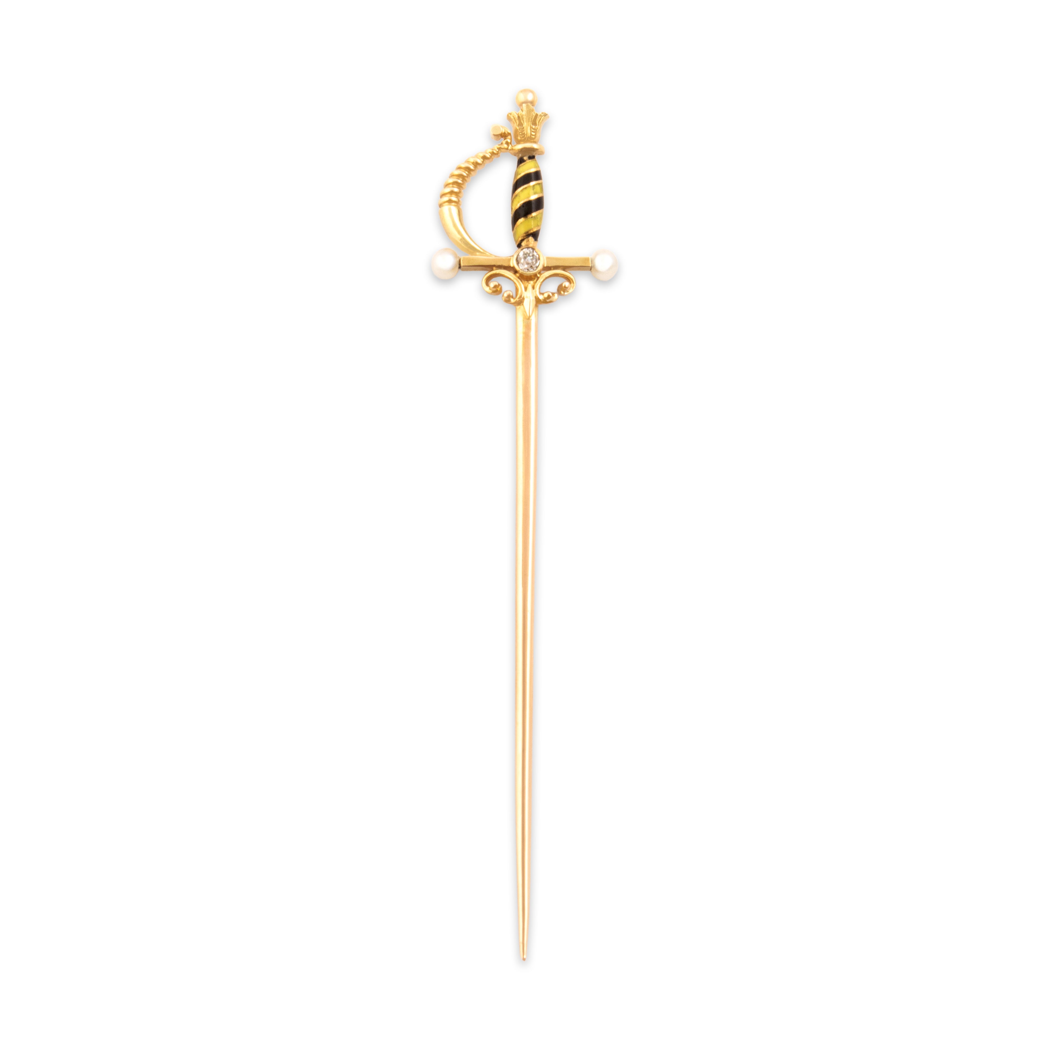 Antique Victorian 14k Yellow Gold Old Mine Cut Diamond Pearl Fantastic Enamel Striped Decorated Sword Stick Pin - Close-up view