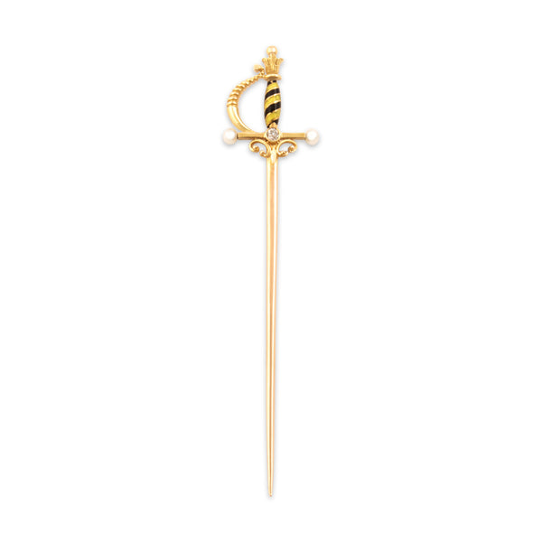 Antique Victorian 14k Yellow Gold Old Mine Cut Diamond Pearl Sword Stick Pin