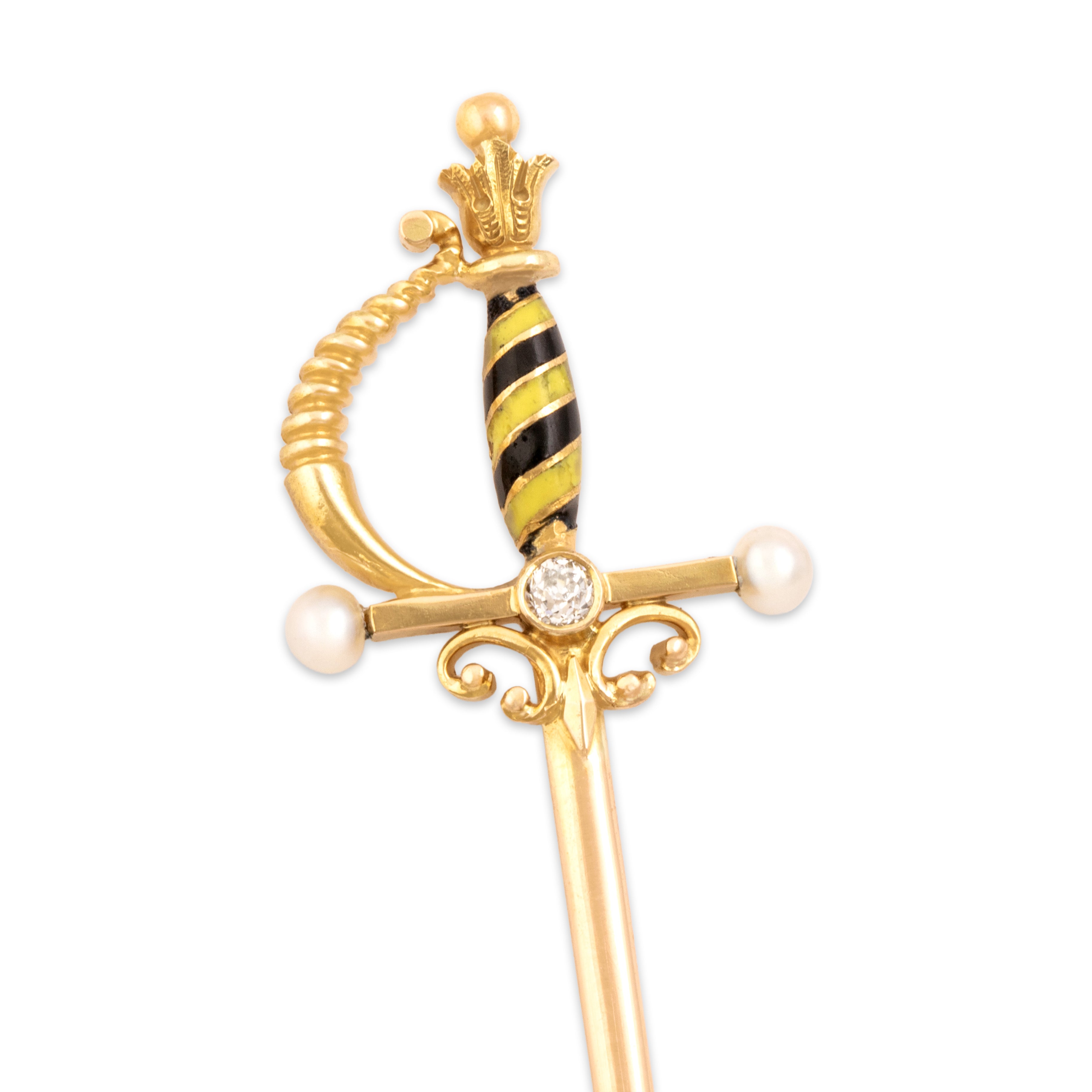 Antique Victorian 14k Yellow Gold Old Mine Cut Diamond Pearl Fantastic Enamel Striped Decorated Sword Stick Pin - detail view #1