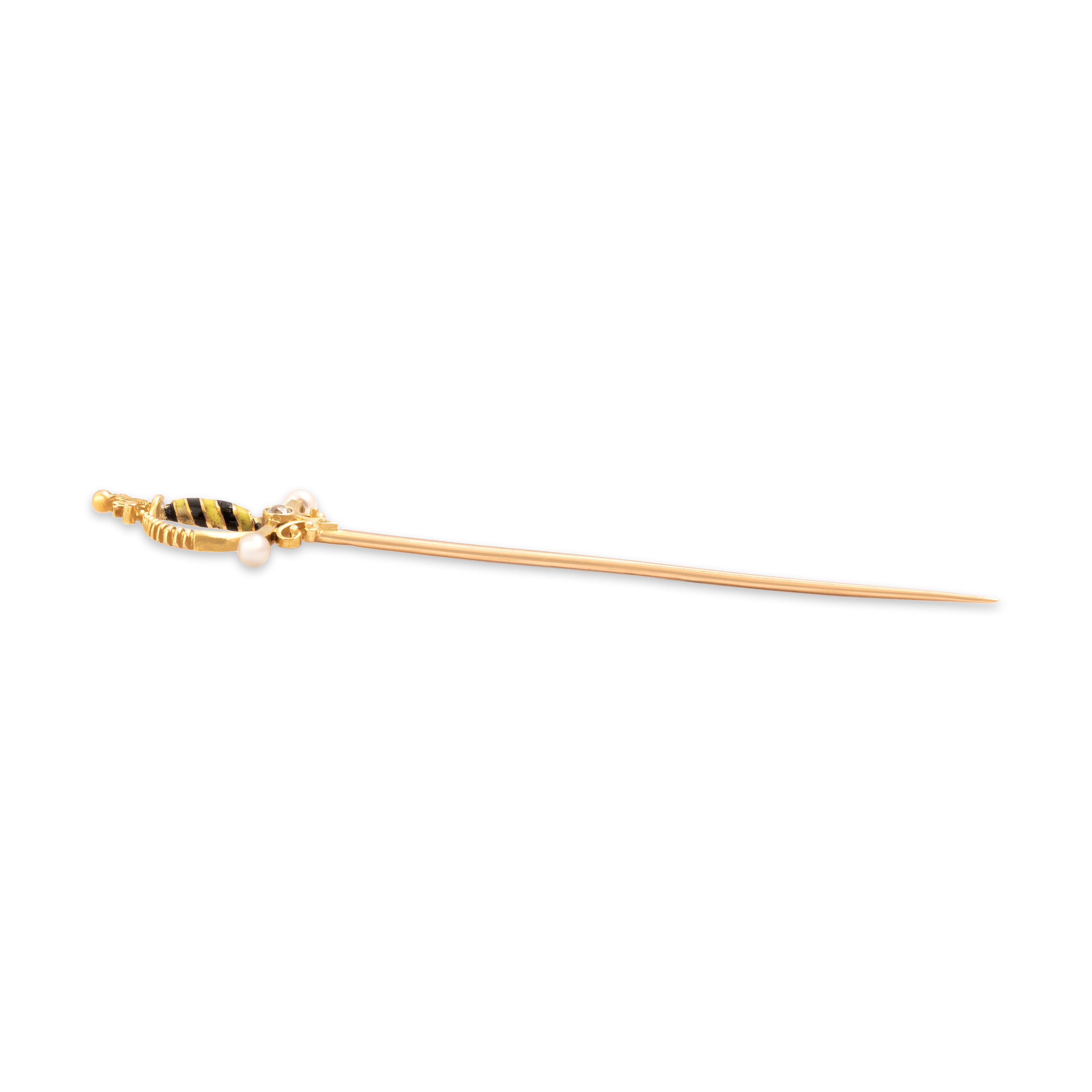 Antique Victorian 14k Yellow Gold Old Mine Cut Diamond Pearl Fantastic Enamel Striped Decorated Sword Stick Pin - Side view