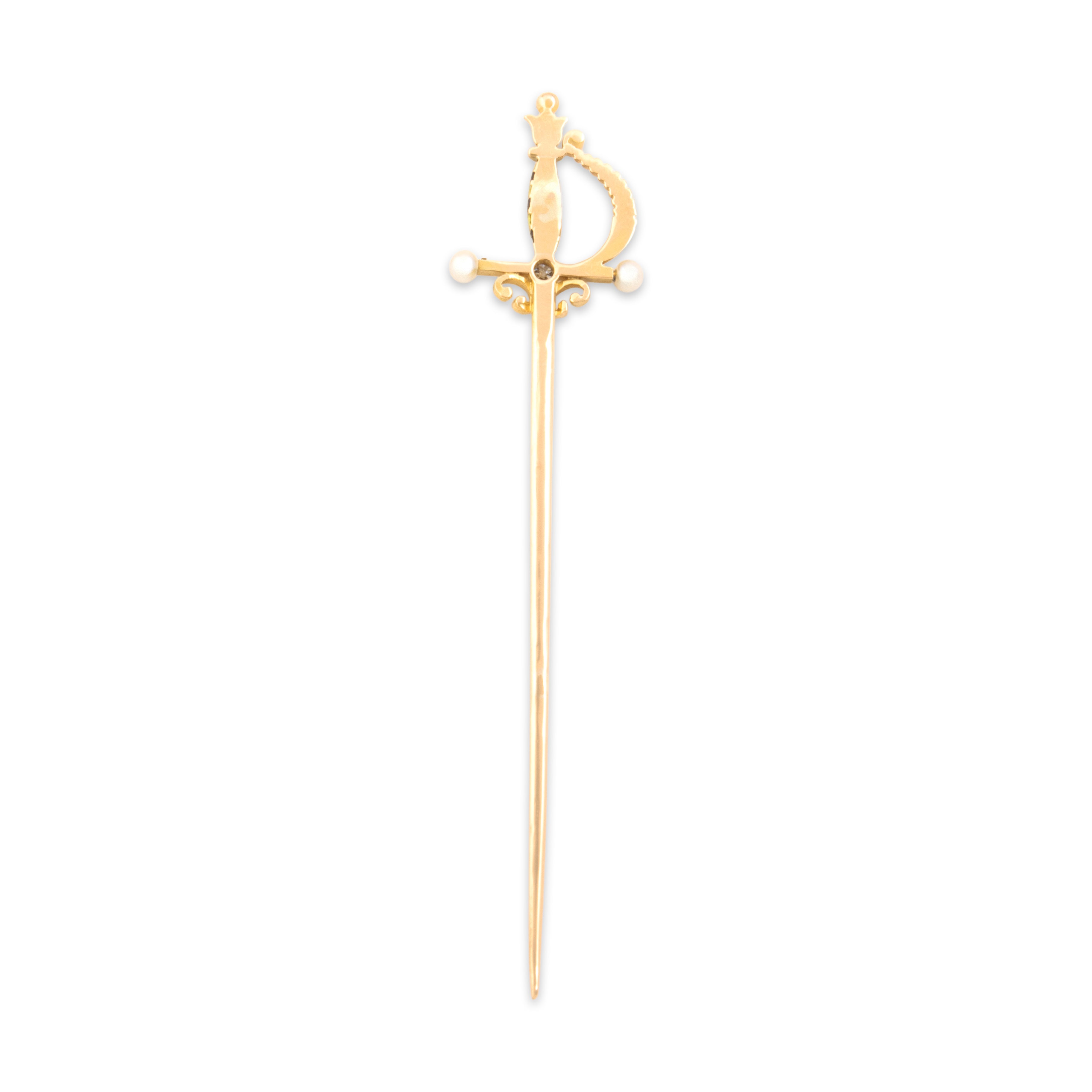Antique Victorian 14k Yellow Gold Old Mine Cut Diamond Pearl Fantastic Enamel Striped Decorated Sword Stick Pin - Back view