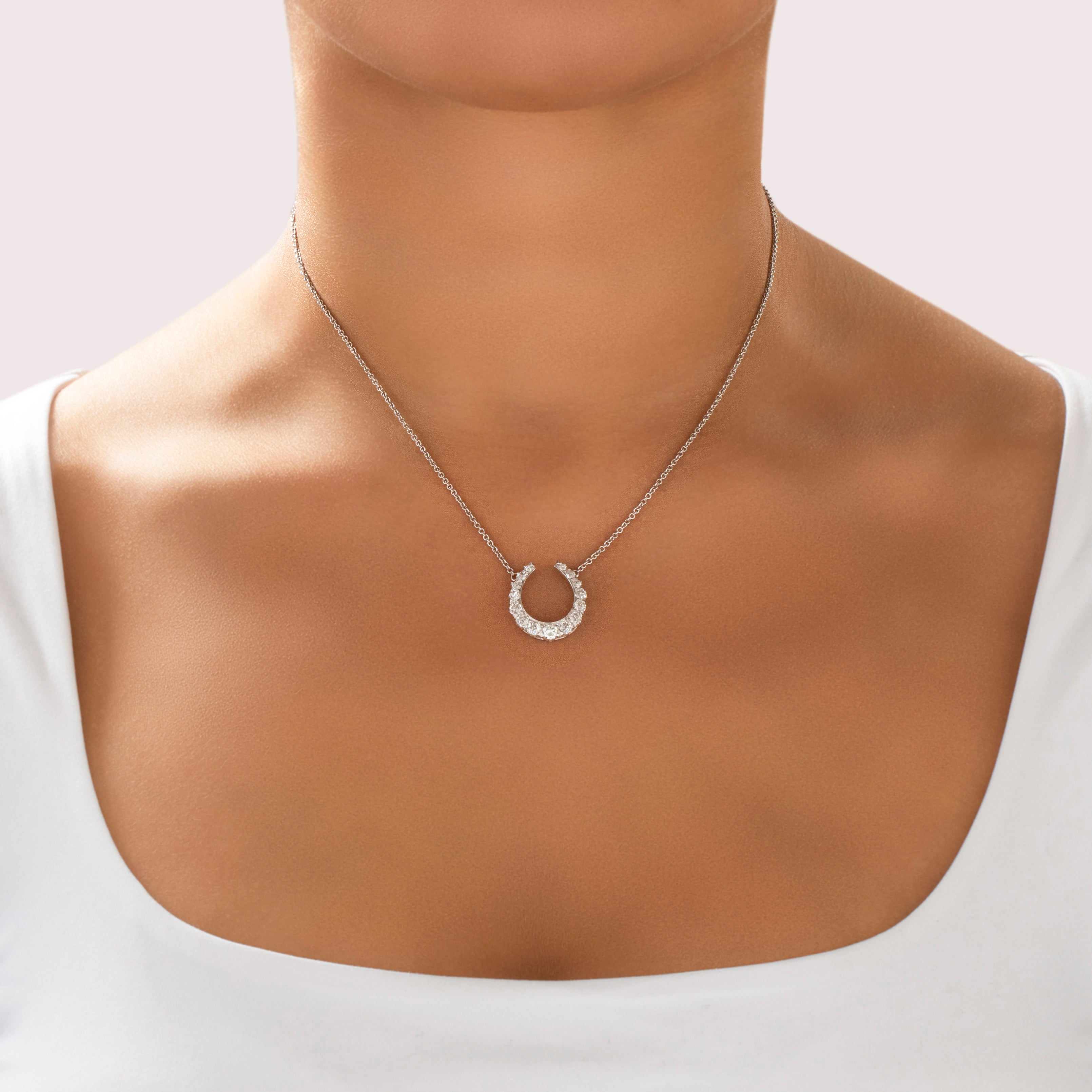 Vintage 14k White Gold 1.02cttw Diamond Dazzling Lucky Horseshoe Necklace - On model view