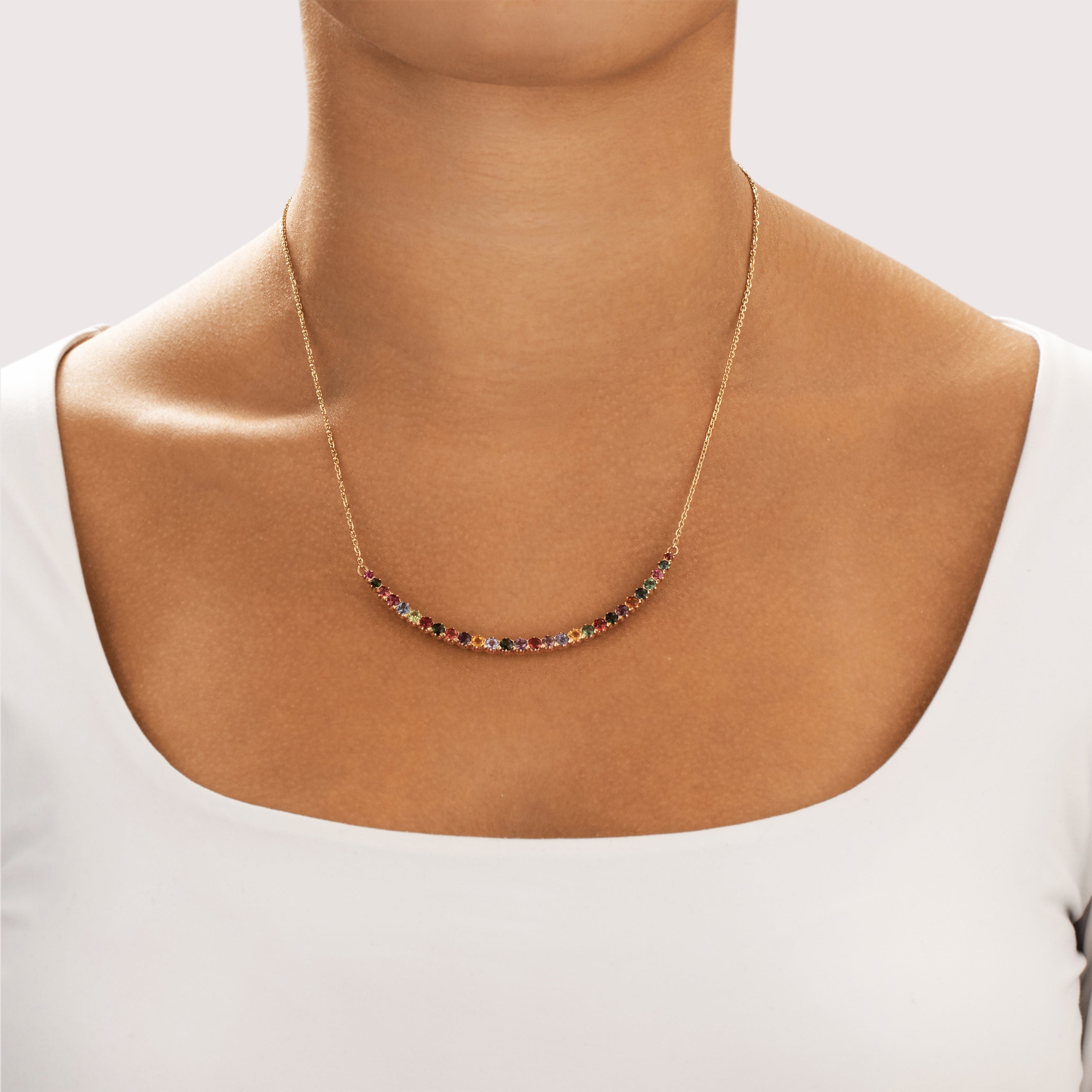 Antique Victorian 14k Yellow Gold .73cttw Purple Spinel .59cttw Green Pink Tourmaline .57cttw Red Orange Garnet .54cttw Purple Teal Green Sapphire Citrine Green Chrysoberyl Ruby Rainbow Graduated Crescent Necklace - On model view