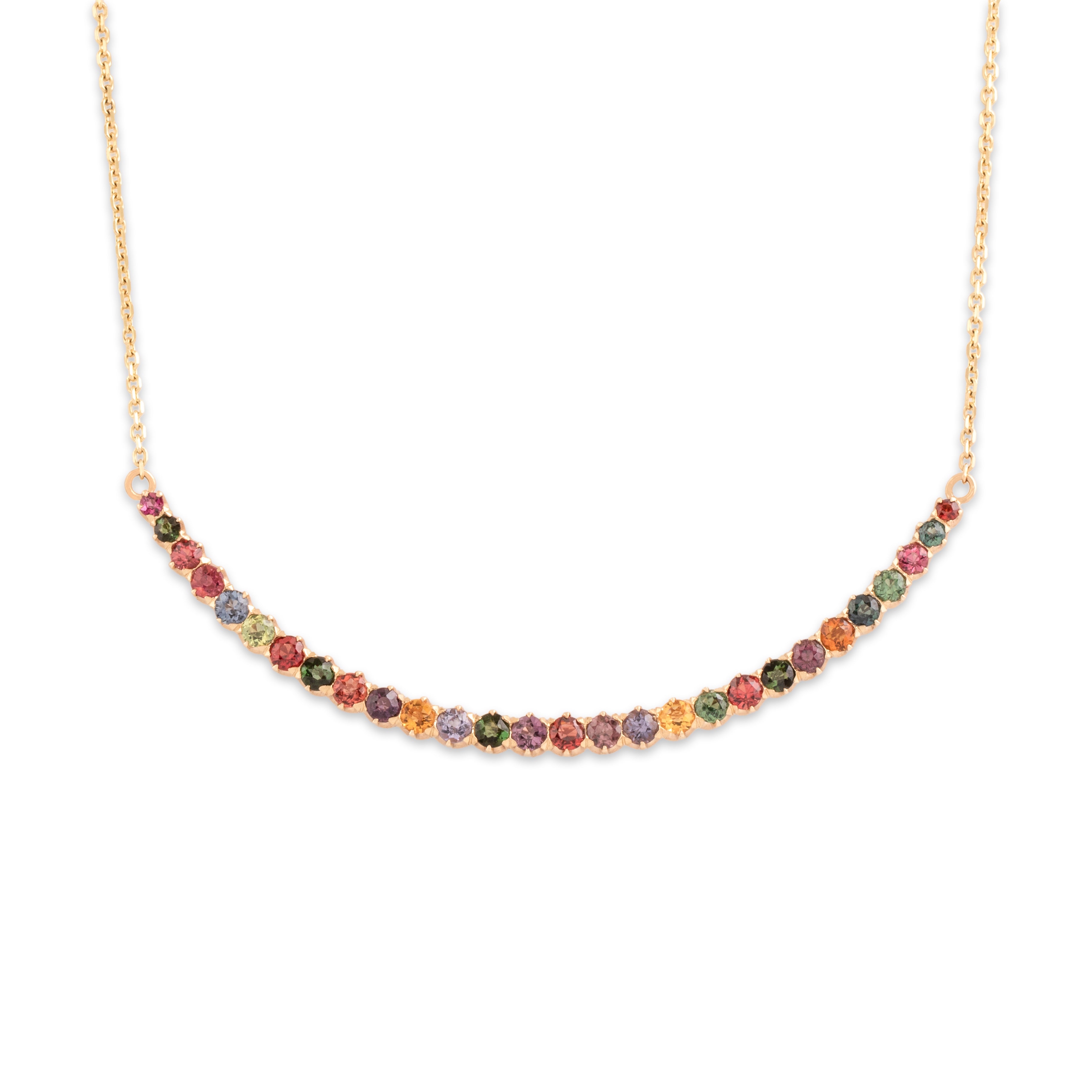 Antique Victorian 14k Yellow Gold .73cttw Purple Spinel .59cttw Green Pink Tourmaline .57cttw Red Orange Garnet .54cttw Purple Teal Green Sapphire Citrine Green Chrysoberyl Ruby Rainbow Graduated Crescent Necklace - Close-up view