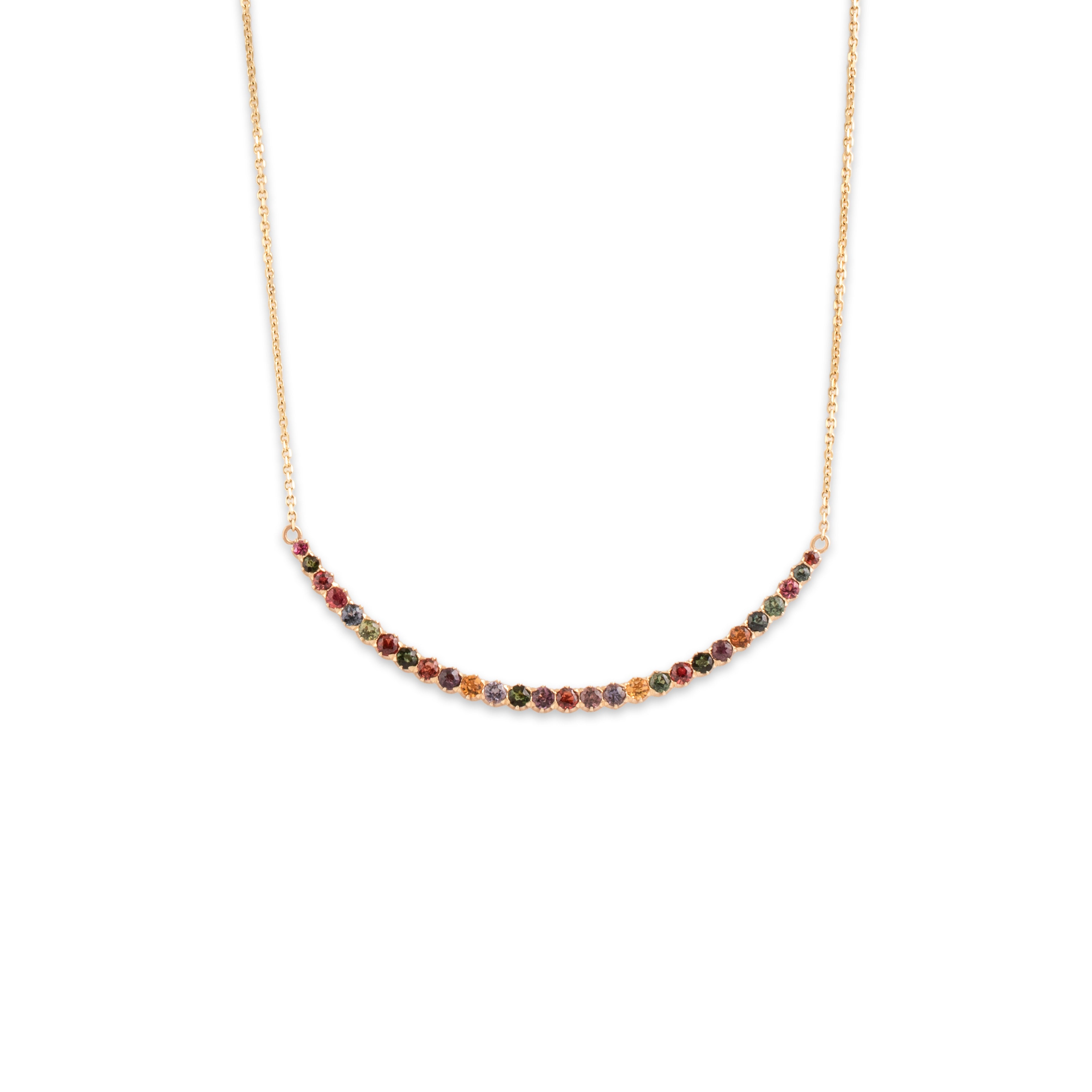Antique Victorian 14k Yellow Gold Multi-Stone Rainbow Graduated Crescent Necklace 19