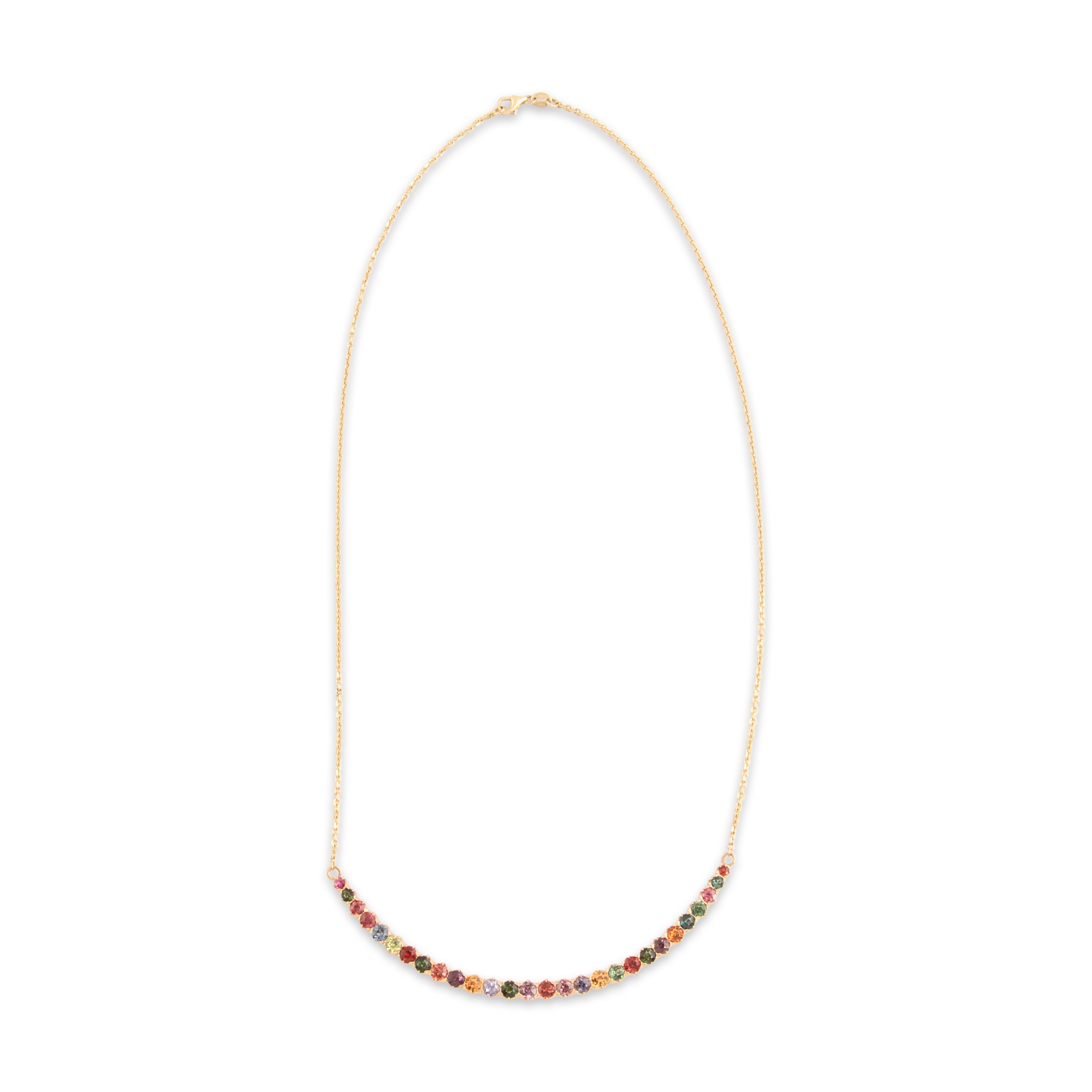 Antique Victorian 14k Yellow Gold .73cttw Purple Spinel .59cttw Green Pink Tourmaline .57cttw Red Orange Garnet .54cttw Purple Teal Green Sapphire Citrine Green Chrysoberyl Ruby Rainbow Graduated Crescent Necklace - Overall view
