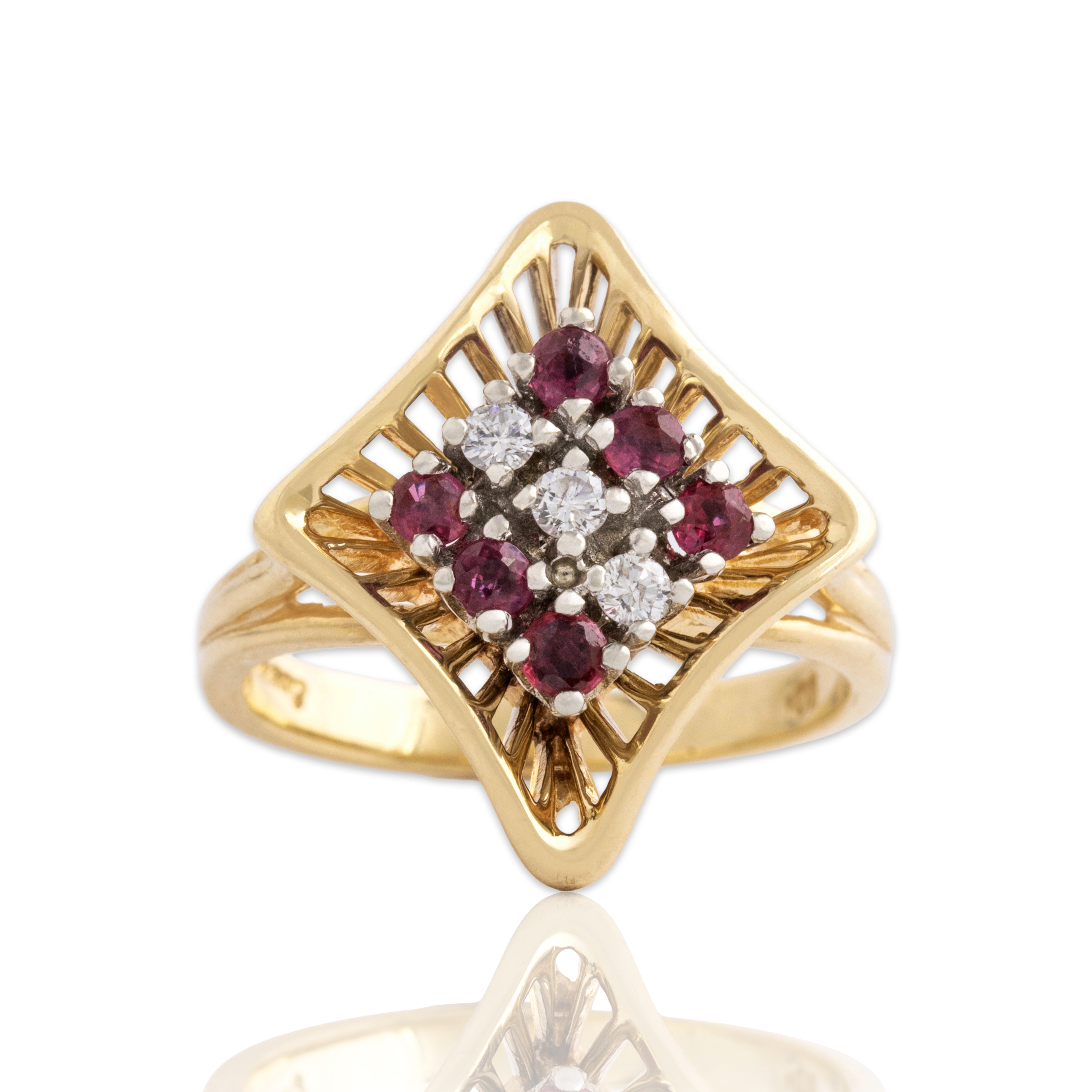 Vintage 10k Yellow Gold Ruby Diamond Bold Rhombus Basket Ring 6.75
