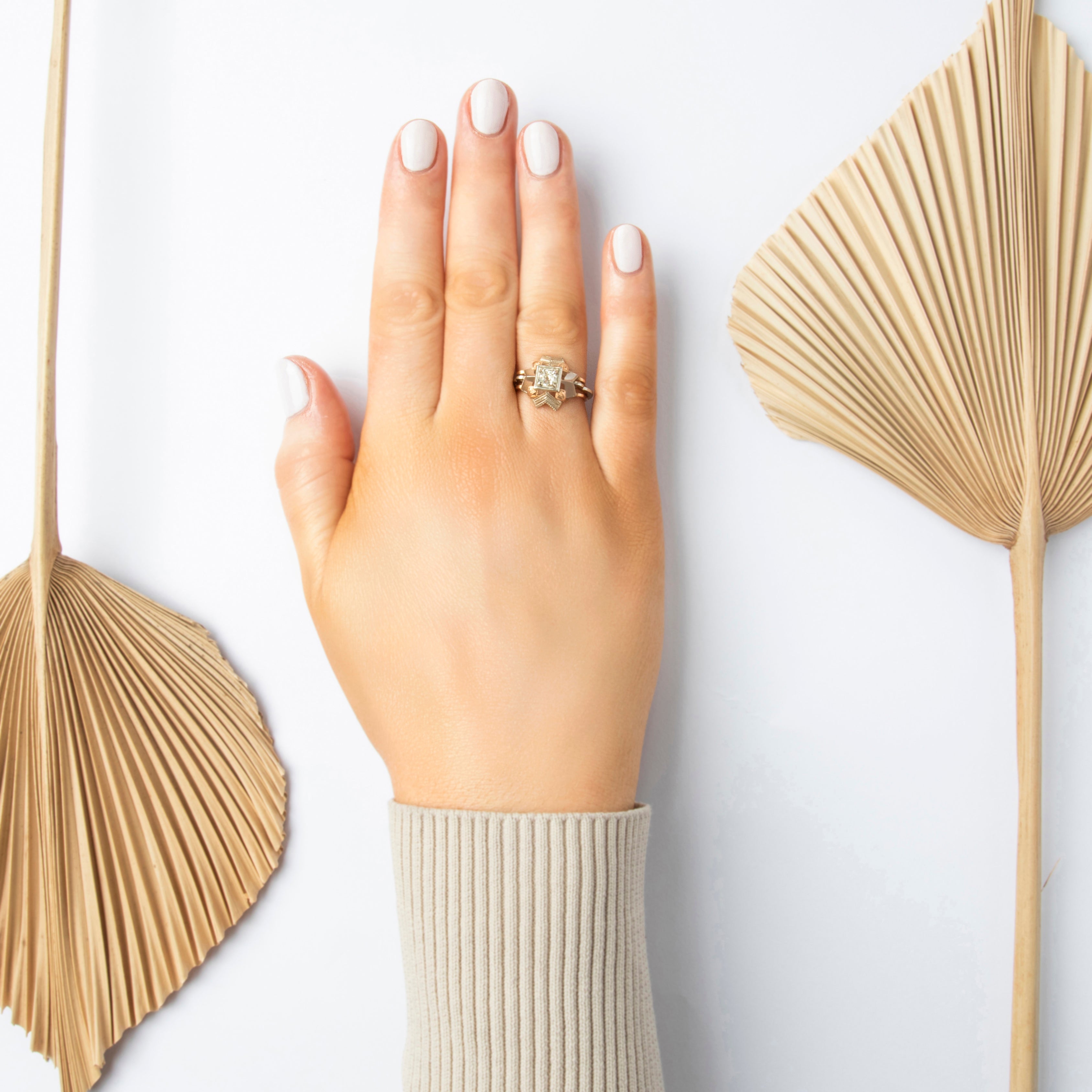 Vintage 18k Rose & White Gold Old Mine Cut Diamond Chic Flashing Starburst Square-Set Ring - On model view