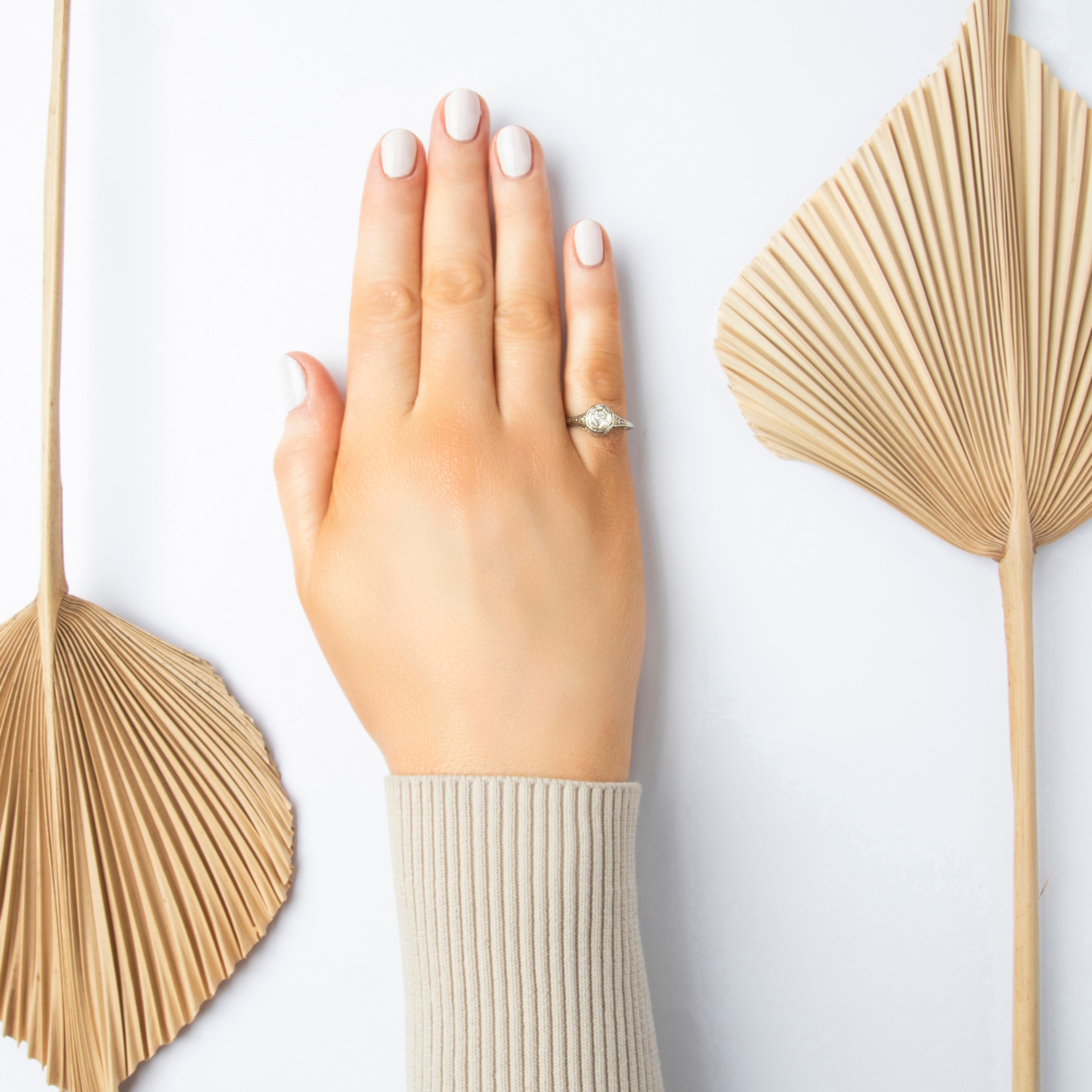 Antique Art Deco 18k White Gold Old Mine Cut Diamond Octagonal-Set Solitaire Ring - On model view