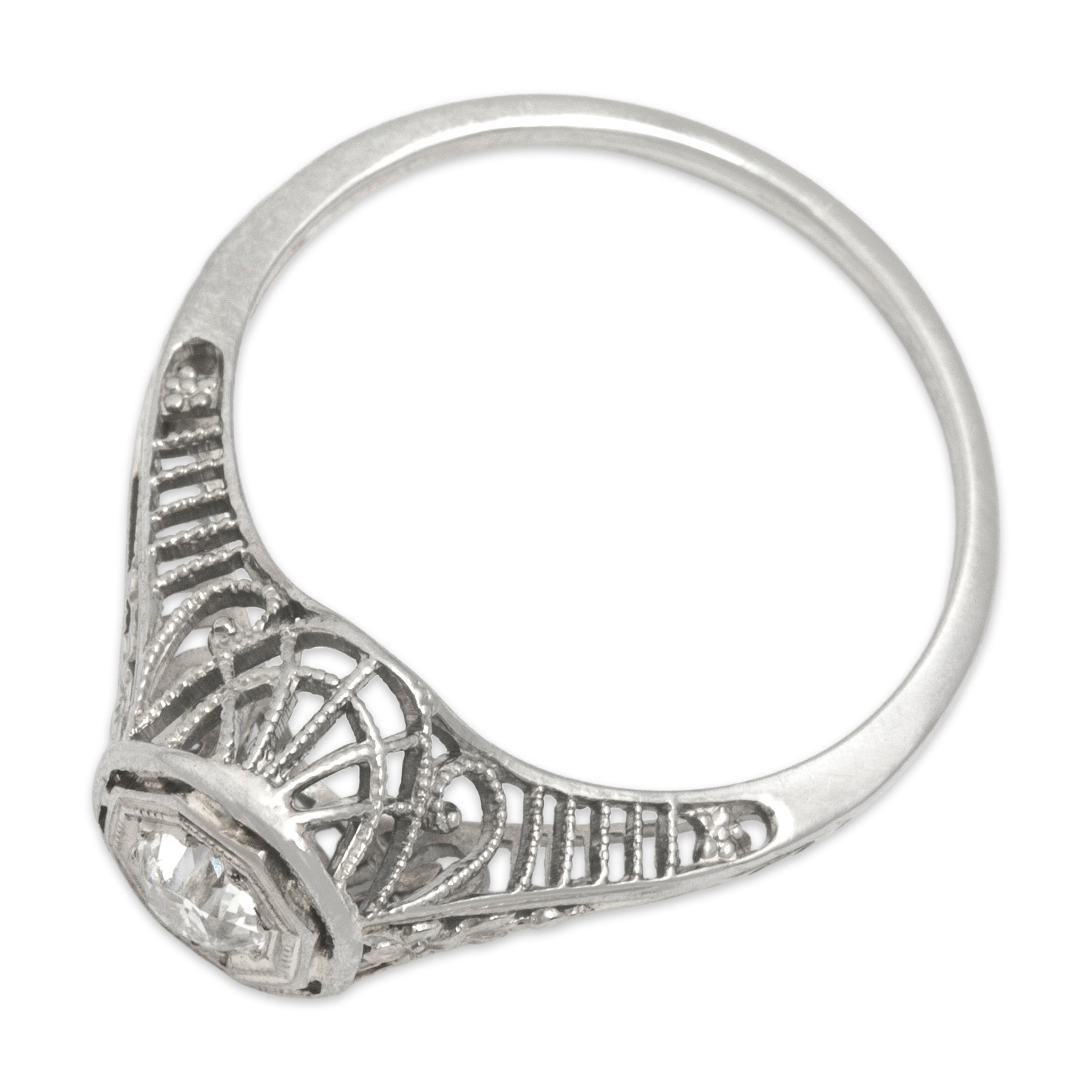 Antique Art Deco 18k White Gold Old Mine Cut Diamond Octagonal-Set Solitaire Ring - Overall view