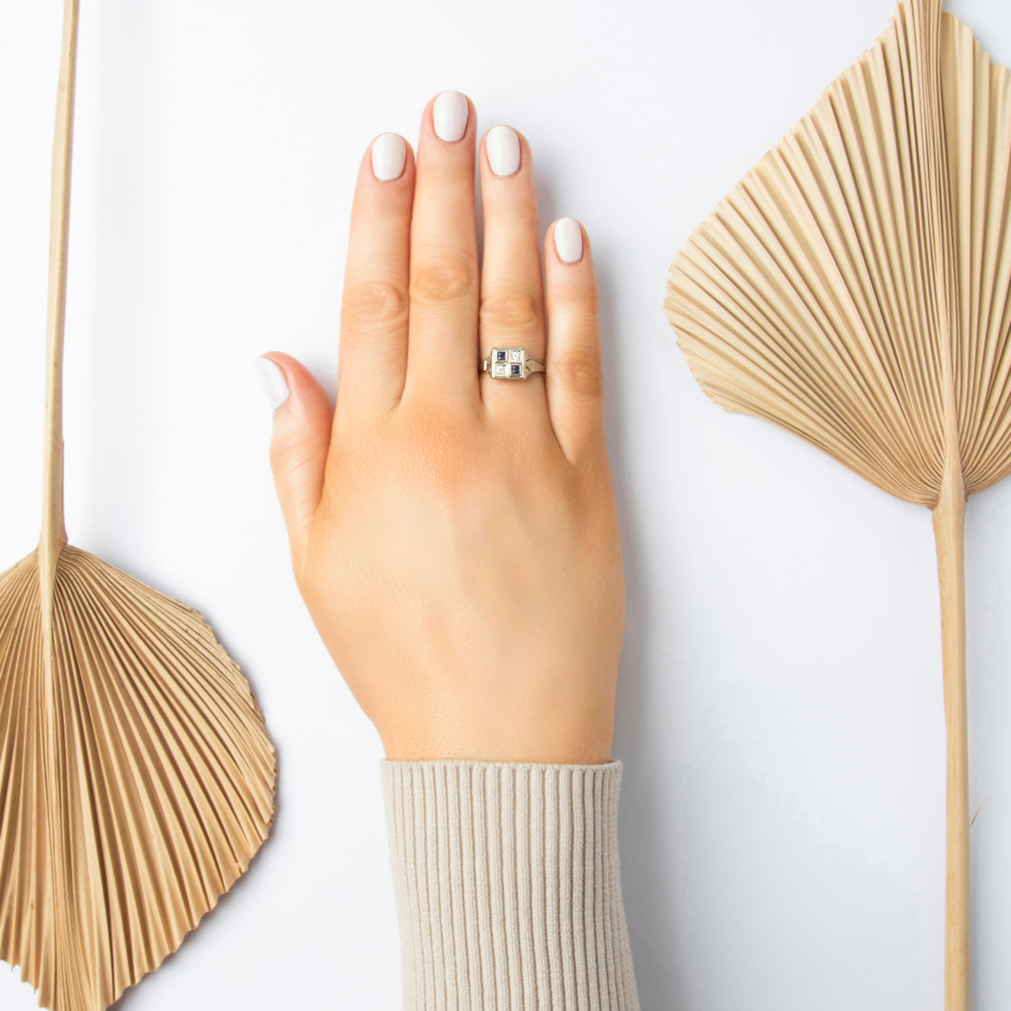 Antique Art Deco 18k White Gold Blue Synthetic Sapphire Natural Old European Cut Diamond Detailed Shoulder Checker Setting Ring - On model view