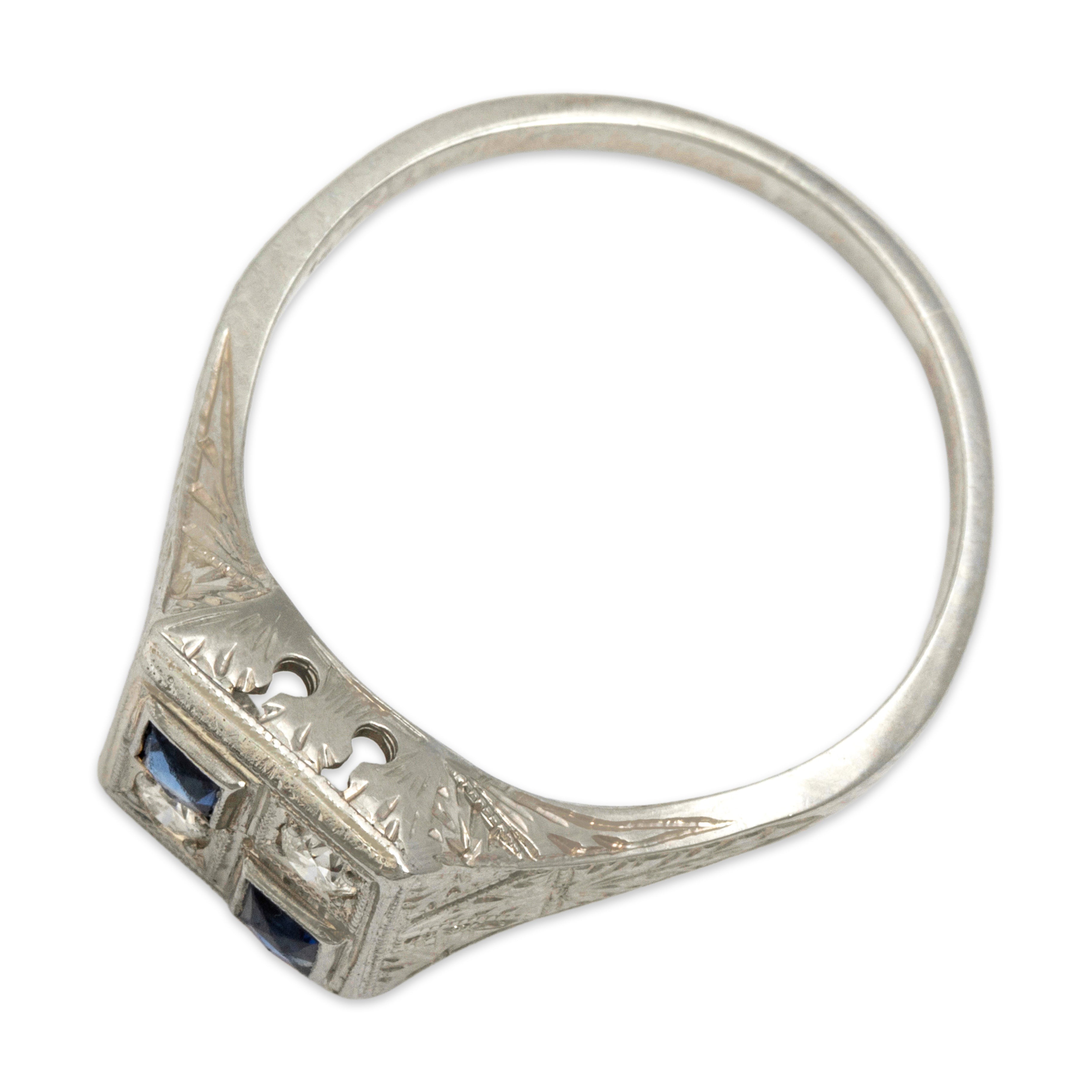 Antique 18k White Gold Blue Synthetic Sapphire Natural Old European Diamond Ring 6.75