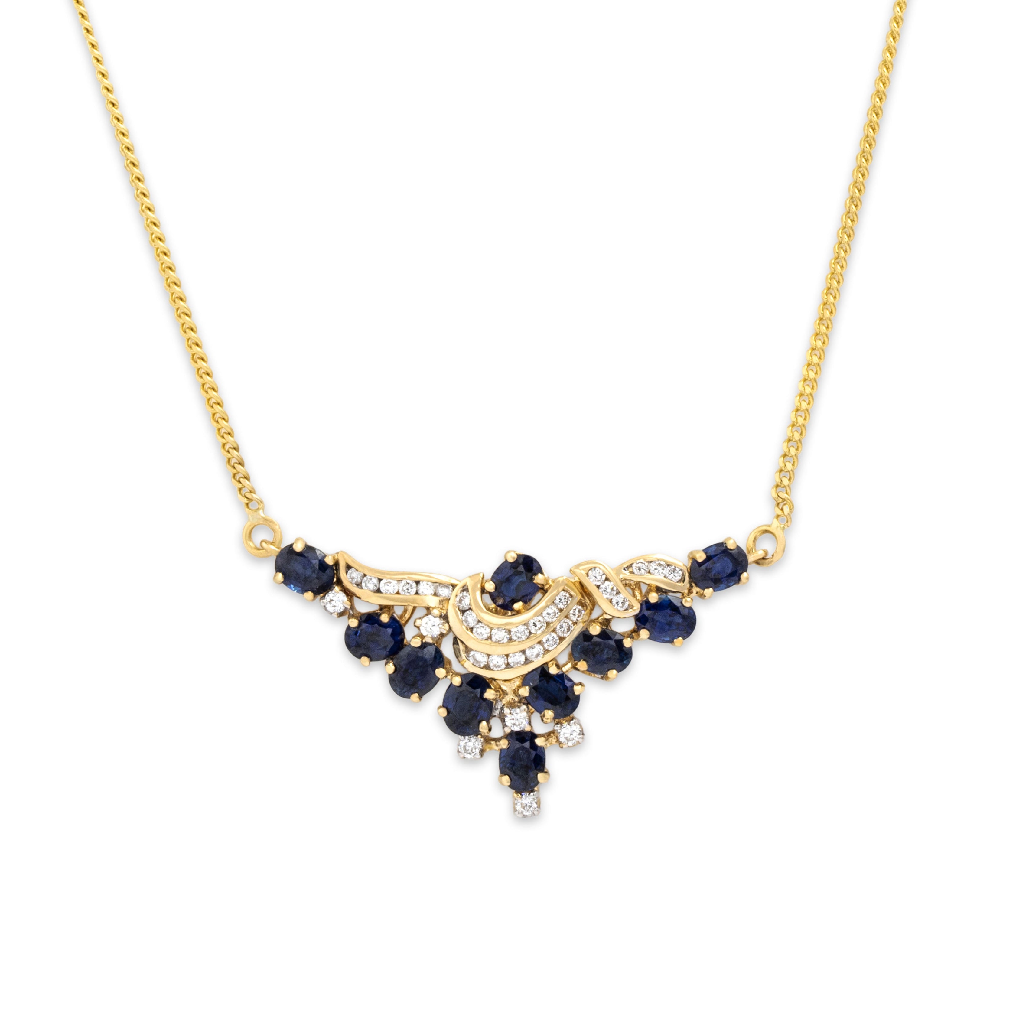 Vintage 18k Yellow Gold 2.57cttw Blue Sapphire Diamond Elegant Flair Necklace 17.25