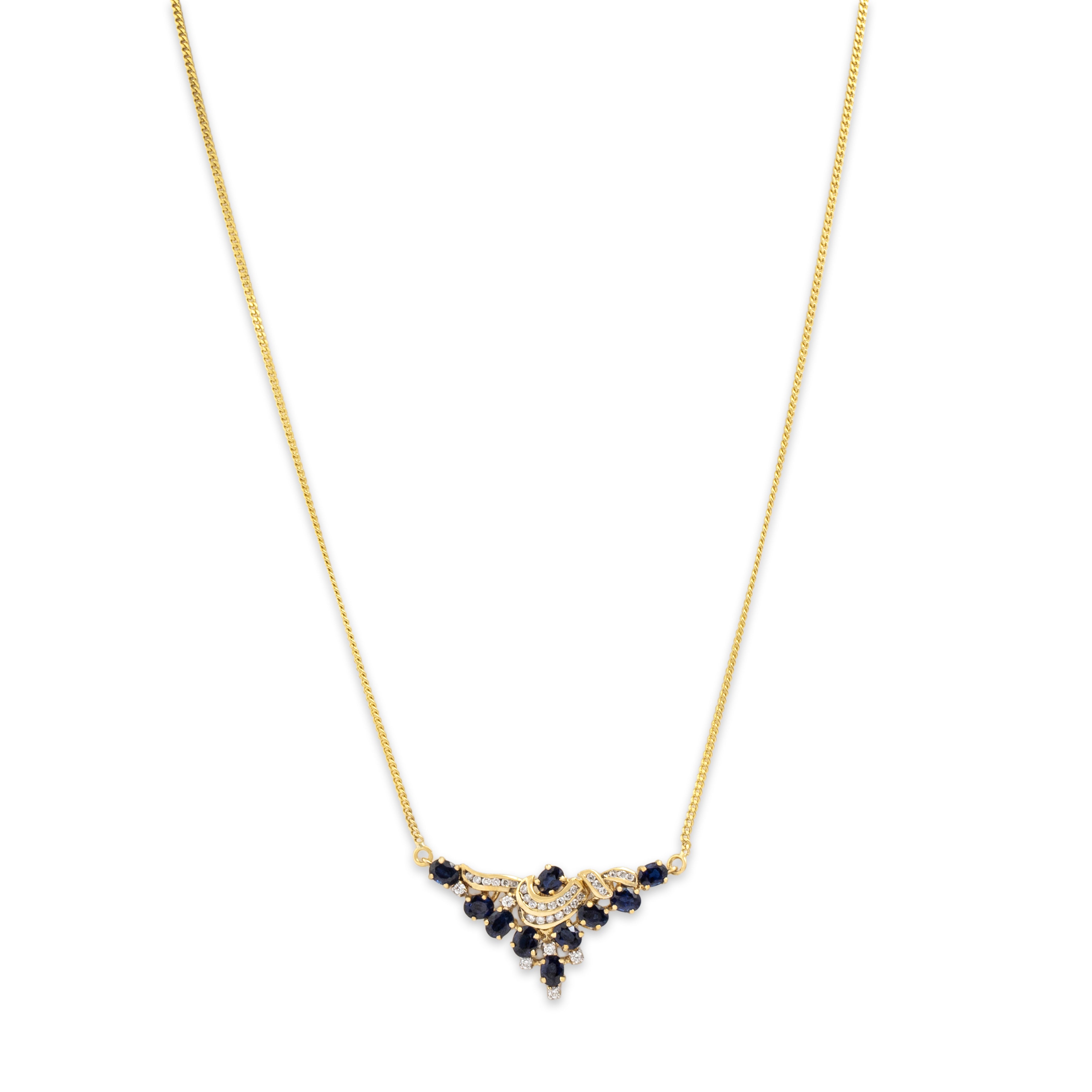 Vintage 18k Yellow Gold 2.57cttw Blue Sapphire Diamond Vivid Scroll Chevron Necklace - detail view #1