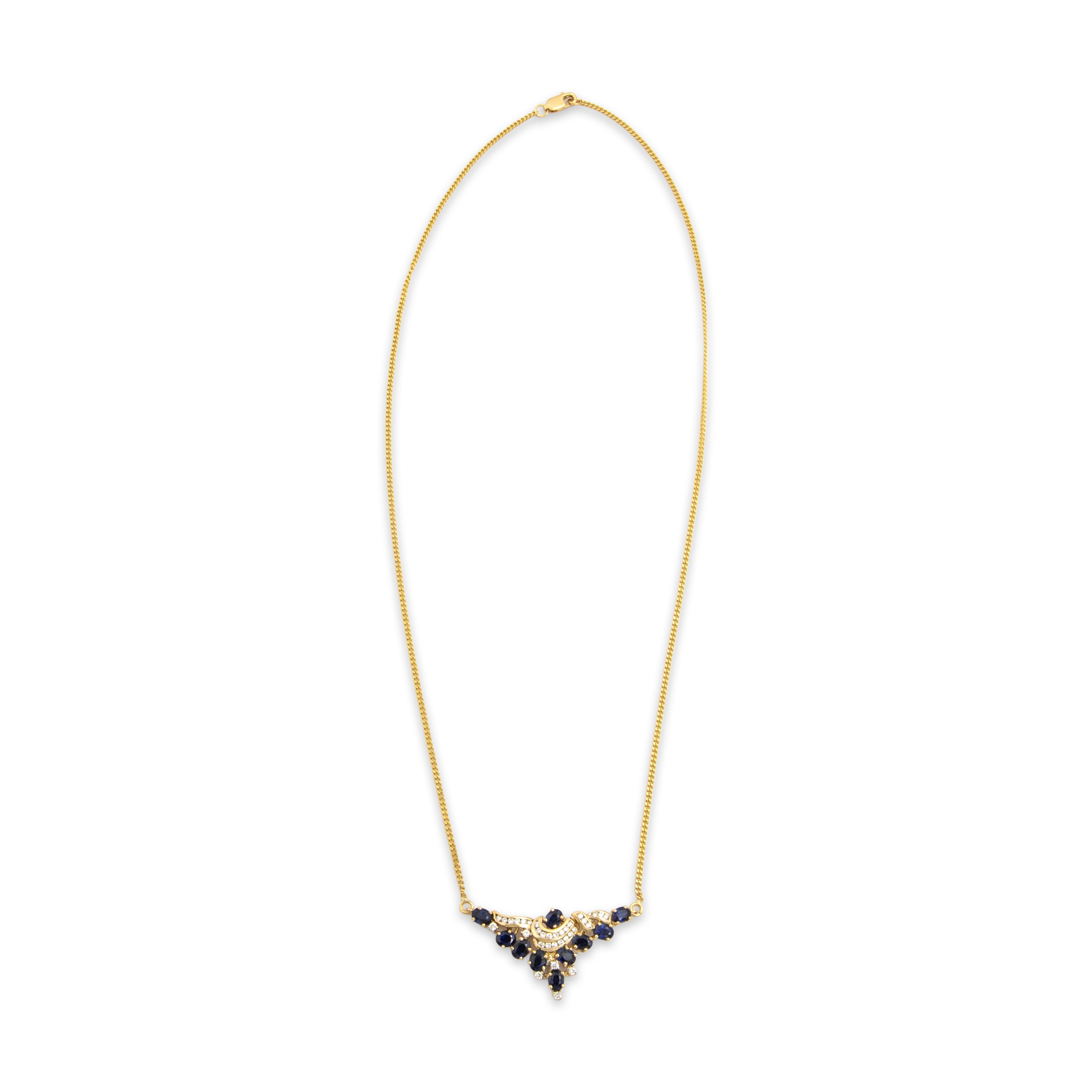 Vintage 18k Yellow Gold 2.57cttw Blue Sapphire Diamond Vivid Scroll Chevron Necklace - Overall view