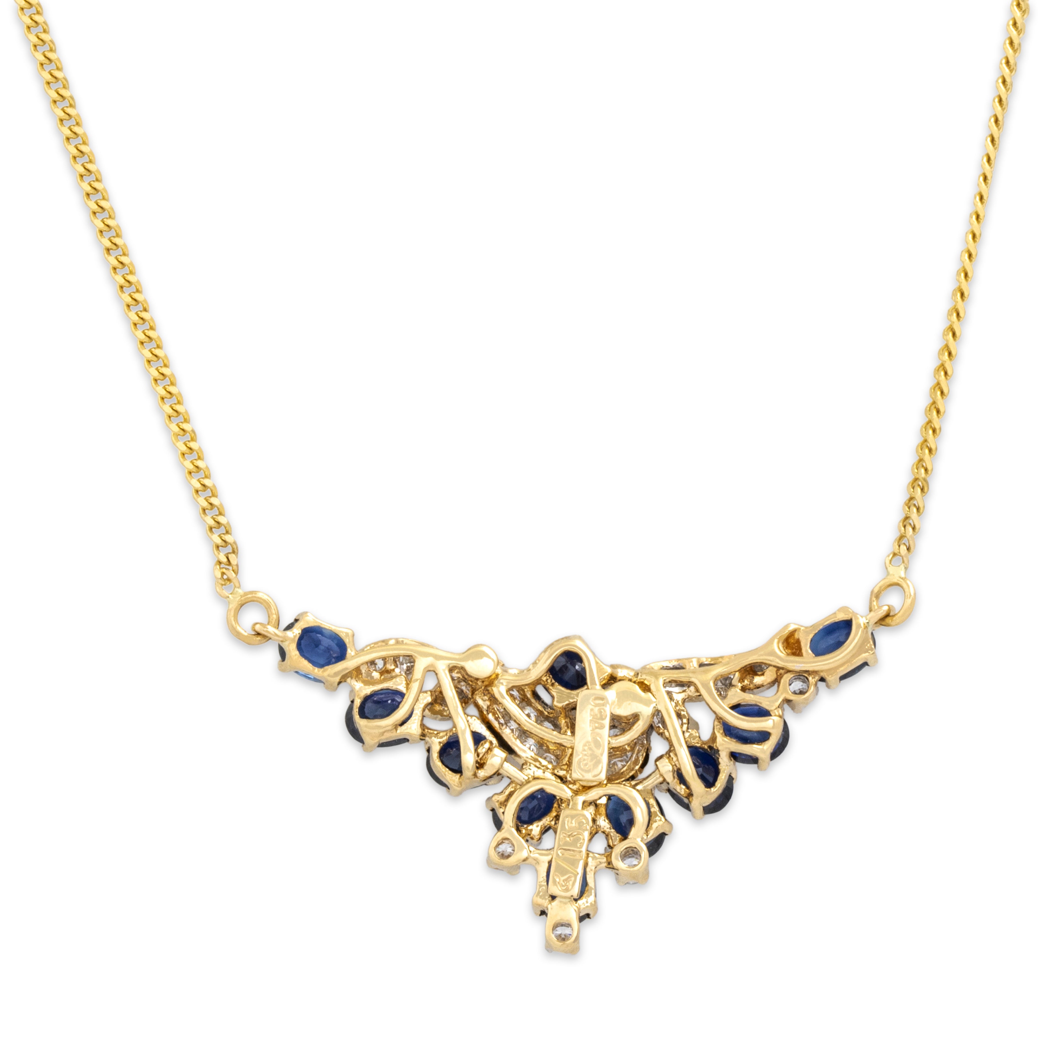 Vintage 18k Yellow Gold 2.57cttw Blue Sapphire Diamond Vivid Scroll Chevron Necklace - Back view