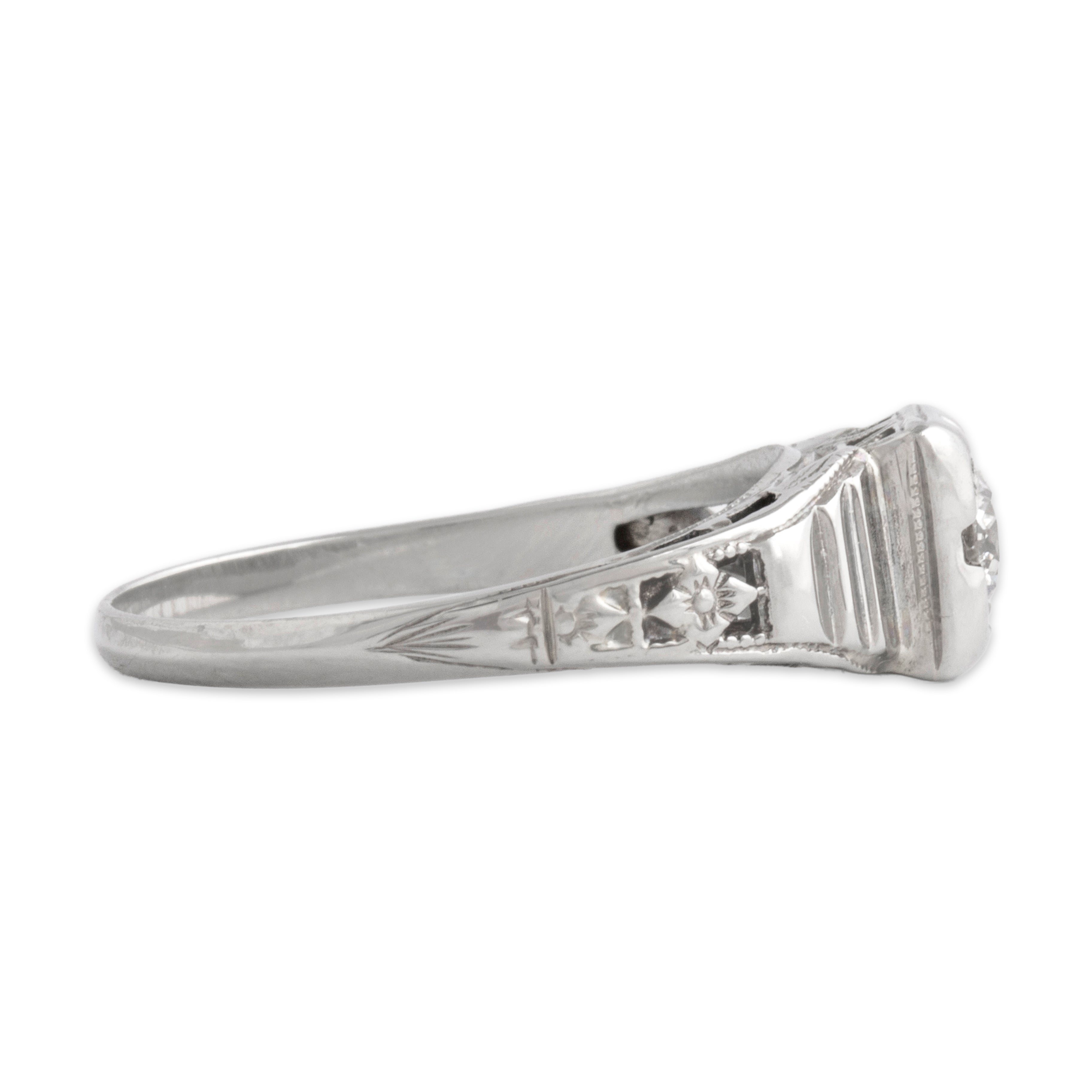 Antique Art Deco 18k White Gold Old Mine Cut Diamond Step-Shoulder Solitaire Ring - Side view