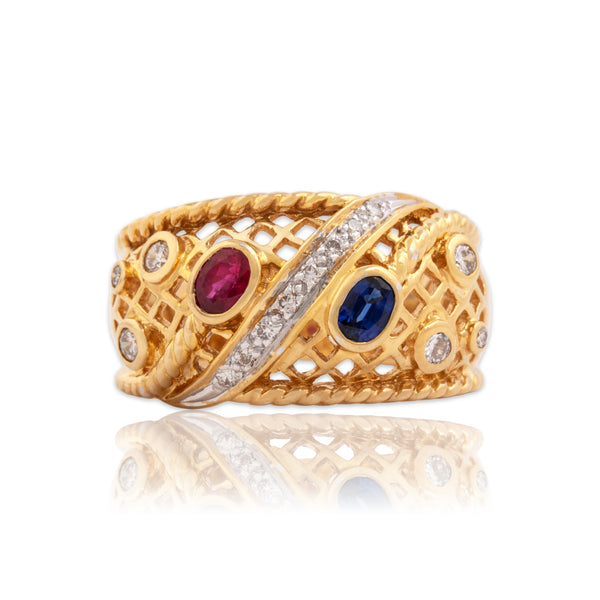 Vintage 18k Yellow Gold Ruby Blue Sapphire Diamond Bold Lattice Band Ring 6.25