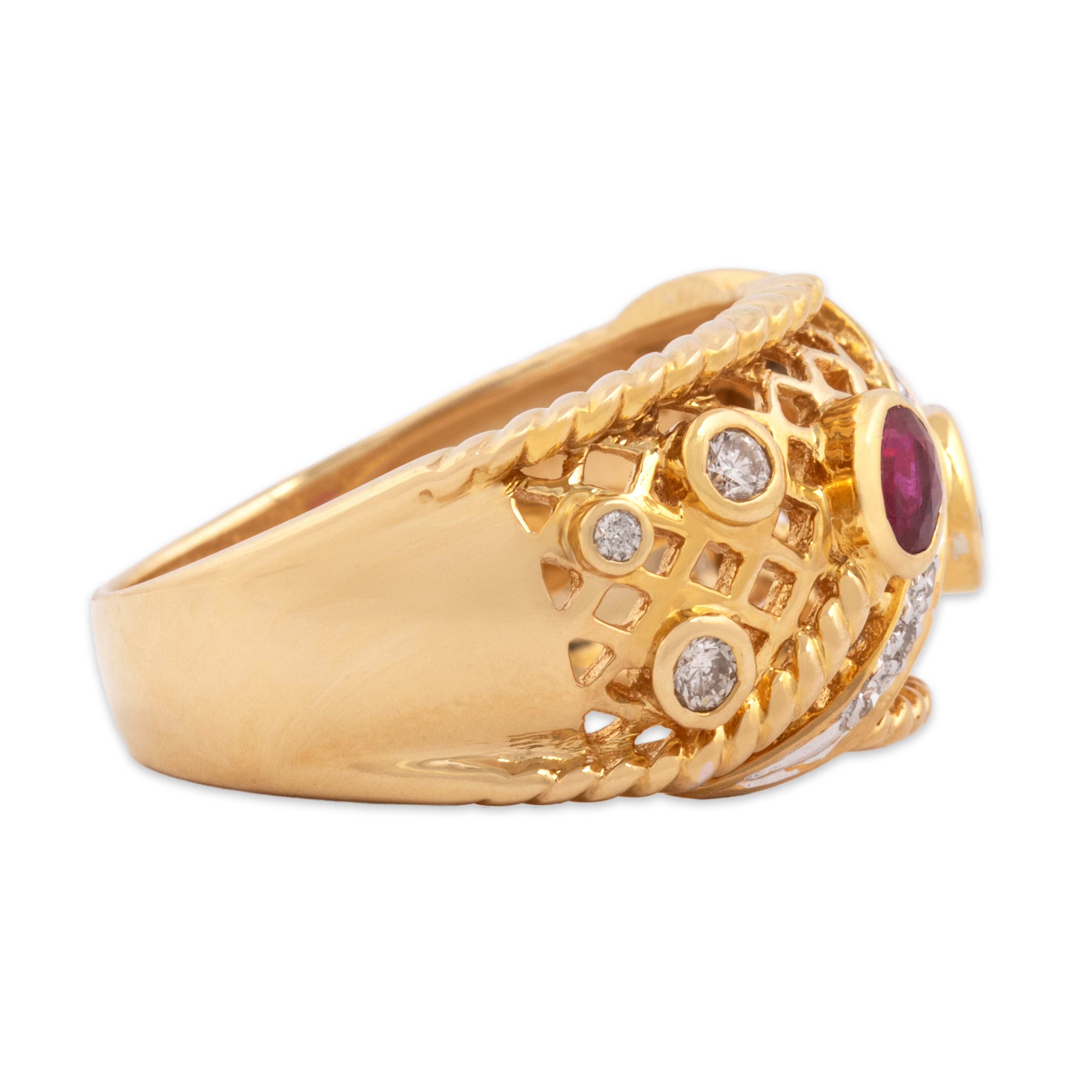 Vintage 18k Yellow Gold Ruby Blue Sapphire Diamond Bold Adorned Lattice Band Ring - Side view