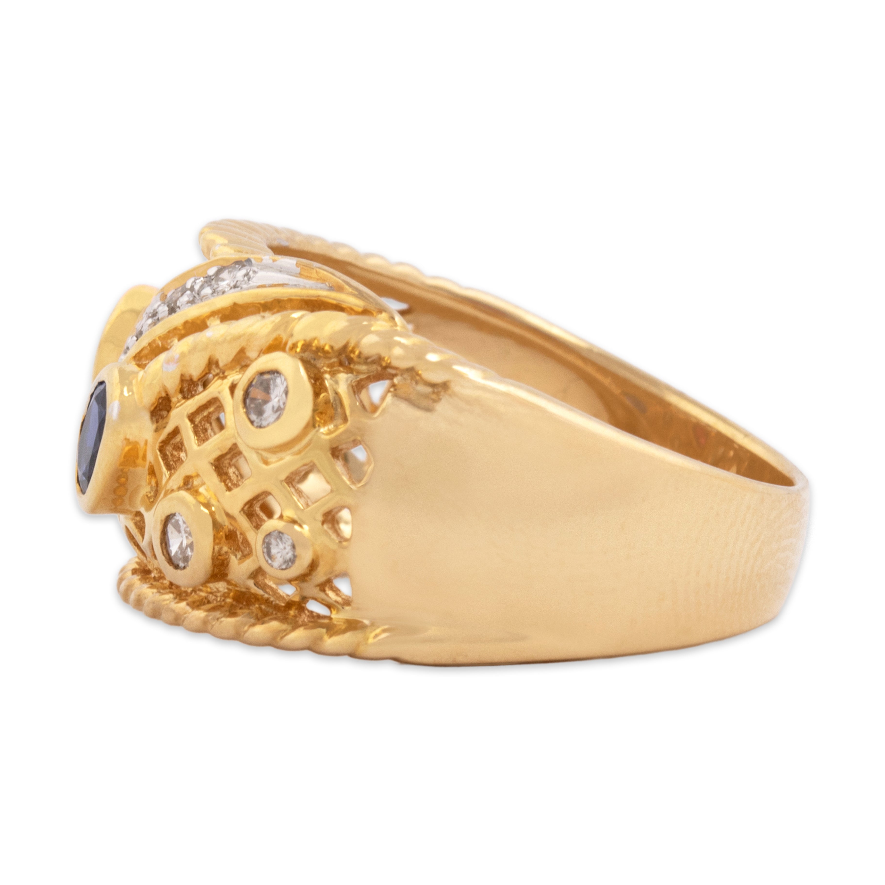 Vintage 18k Yellow Gold Ruby Blue Sapphire Diamond Bold Adorned Lattice Band Ring - Side view