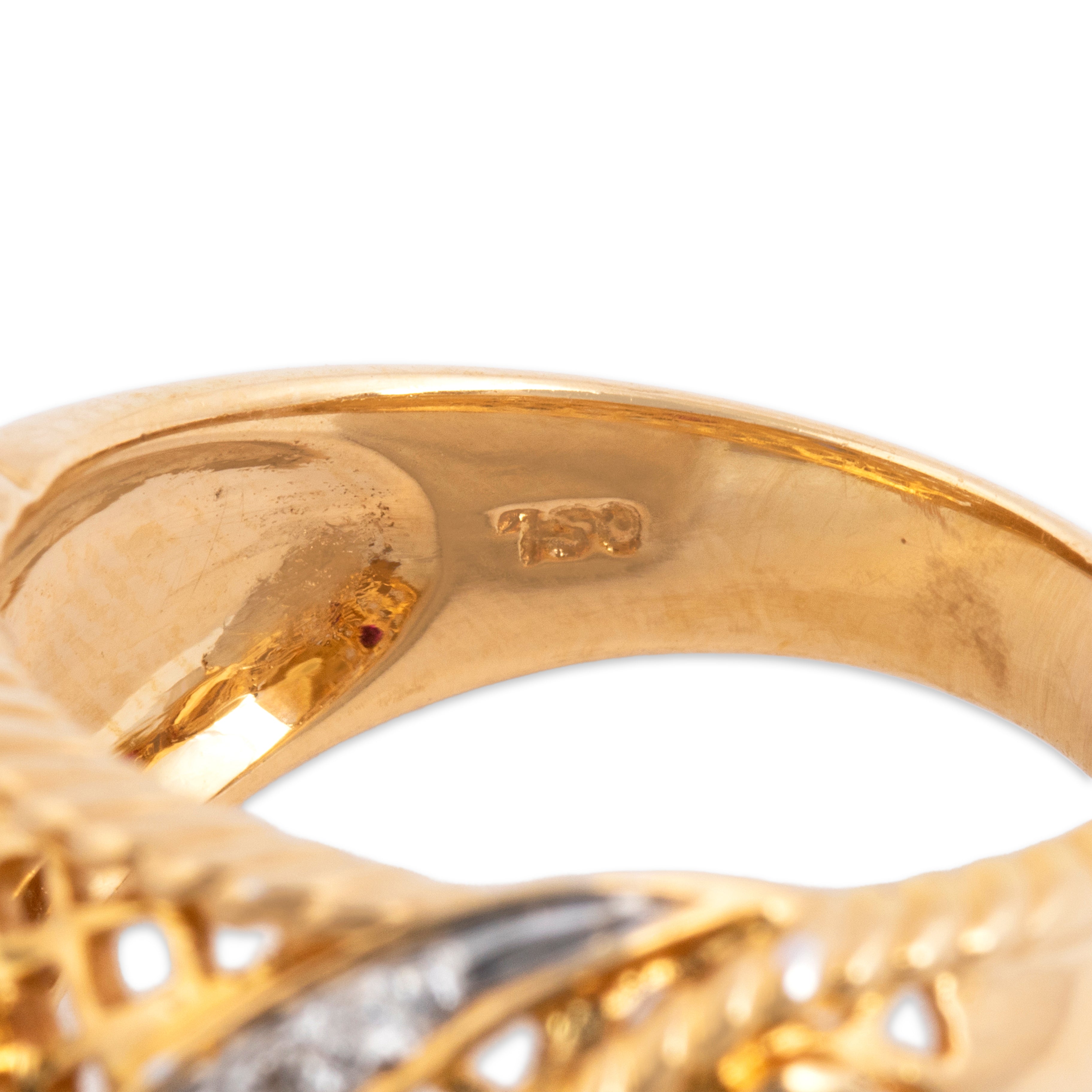 Vintage 18k Yellow Gold Ruby Blue Sapphire Diamond Bold Adorned Lattice Band Ring - Hallmark view