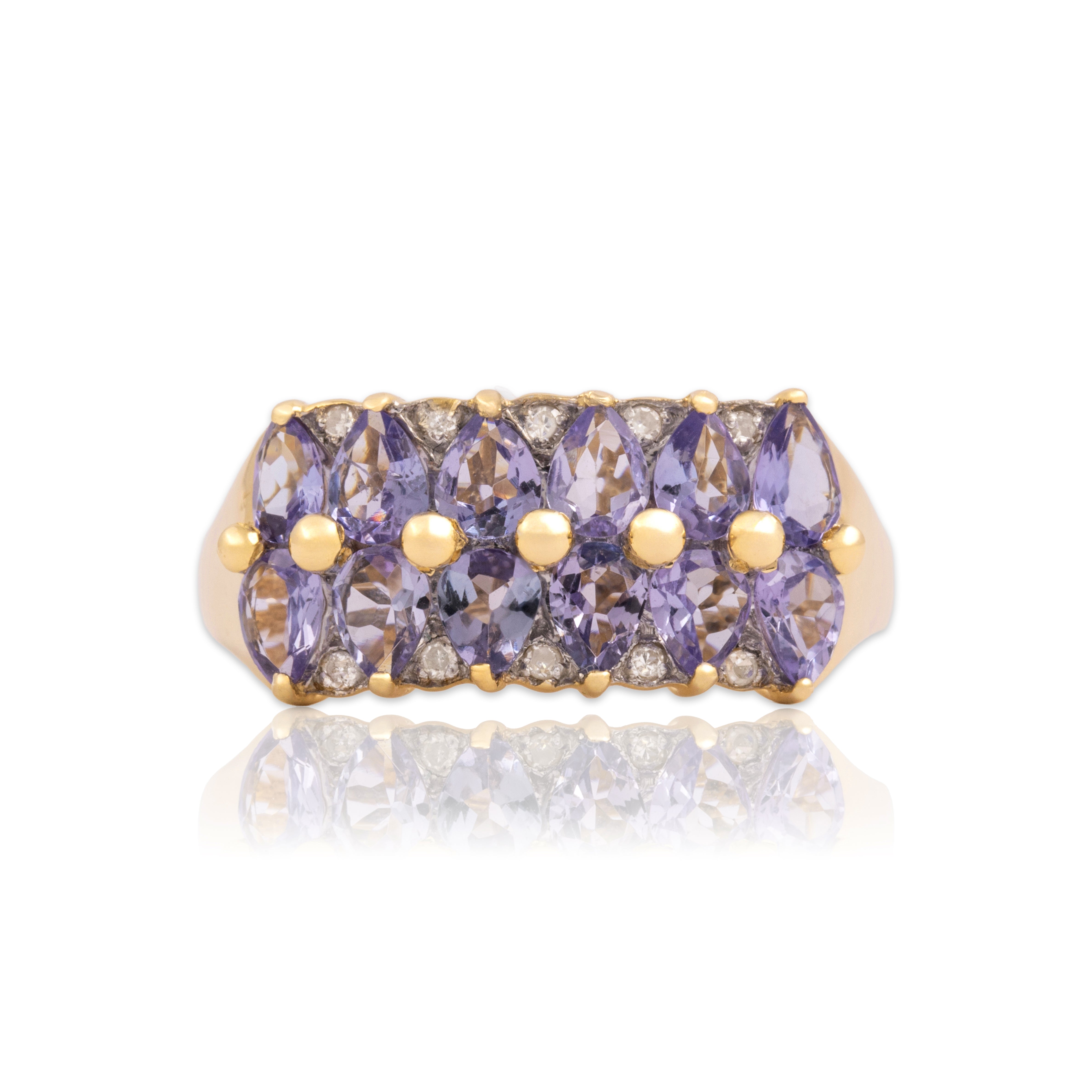Vintage 14k Yellow Gold 1.32cttw Tanzanite Diamond Bright Pear-Cut Line Ring 7.25