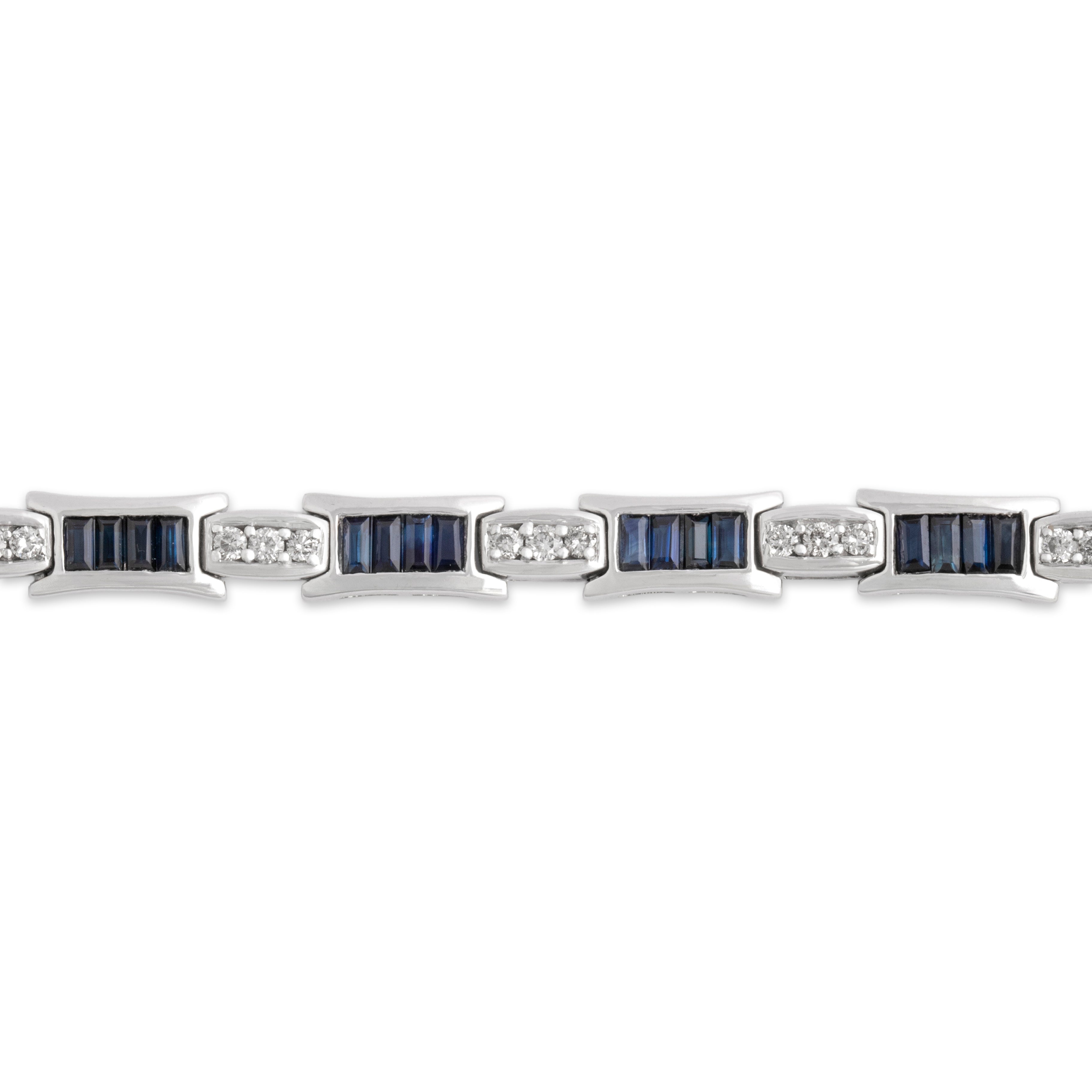 Vintage 14k White Gold 2.44cttw Blue Sapphire .74cttw Diamond Alternating Multi-Cut Bracelet - Close-up view