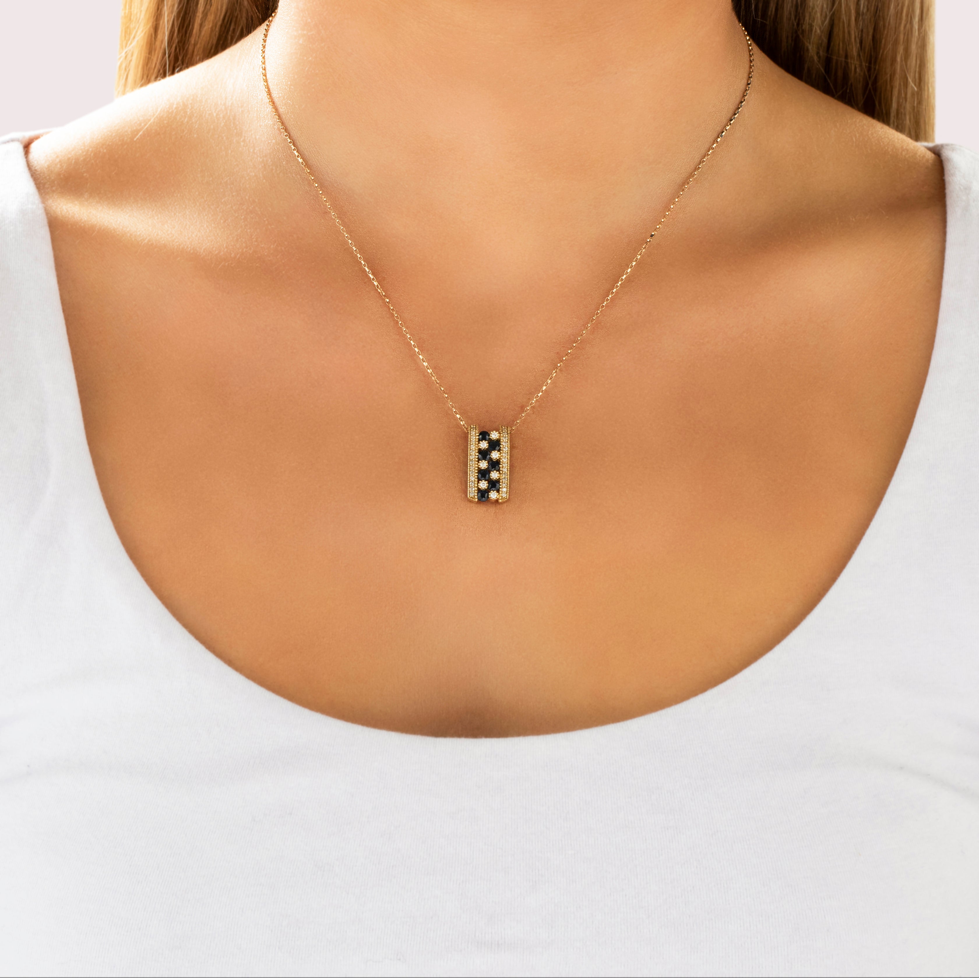 Vintage 14k Yellow Gold .55cttw Blue Sapphire Diamond Striking Ladder Slide Pendant - On model view