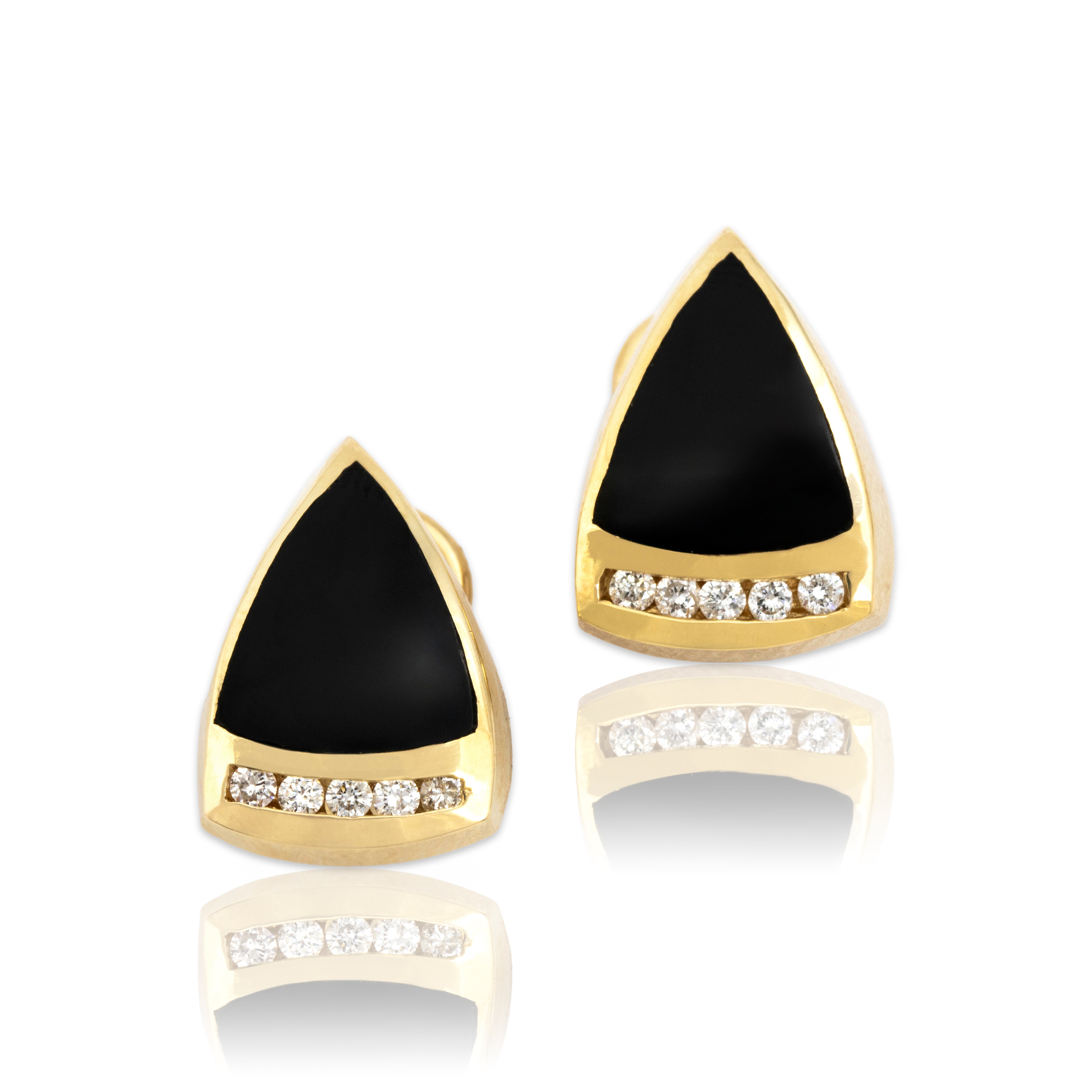Vintage 14k Yellow Gold Diamond Onyx Bold Triangles Stud Earrings - Close-up view