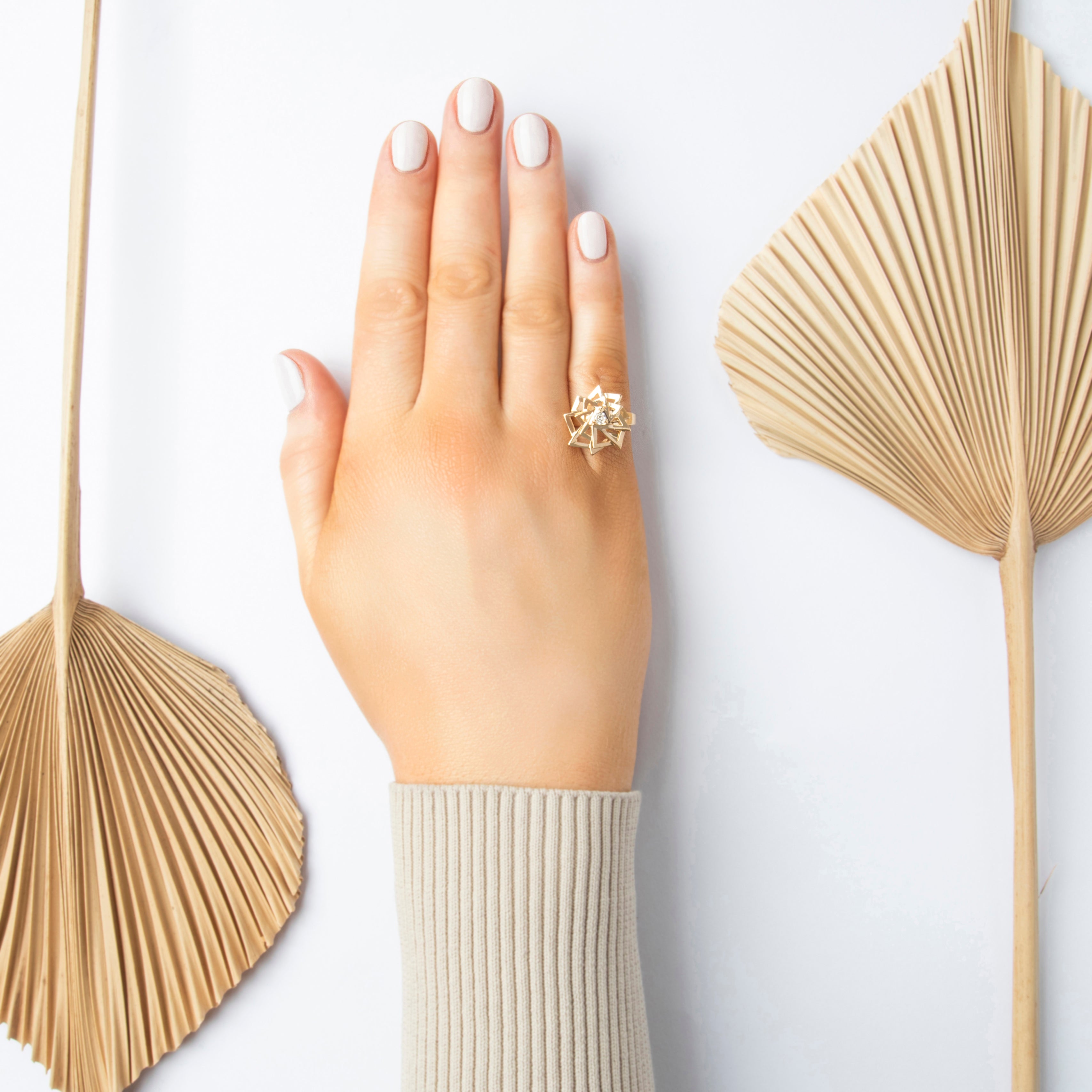 Vintage 14k Yellow Gold Diamond Articulating Triangle Starburst Motion Ring - On model view