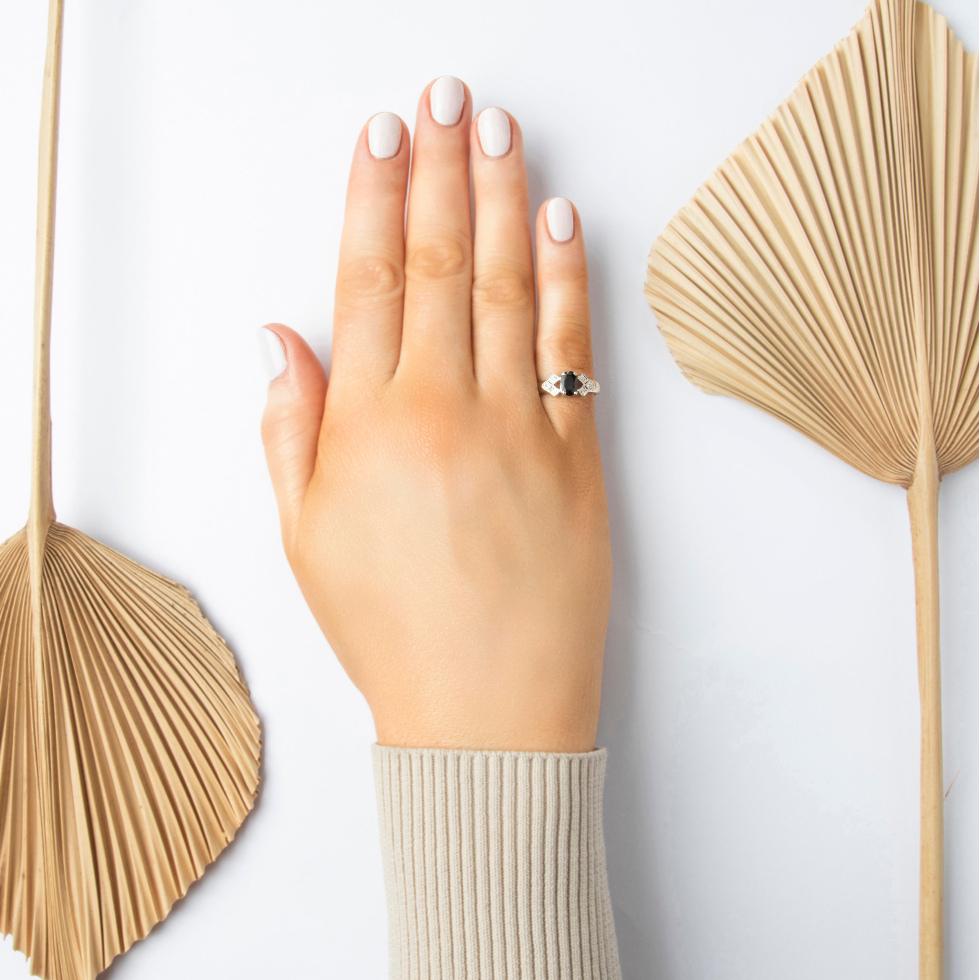 Vintage 14k White Gold .99ct Blue Sapphire Diamond Elegant Directional Open Shoulder Ring - On model view