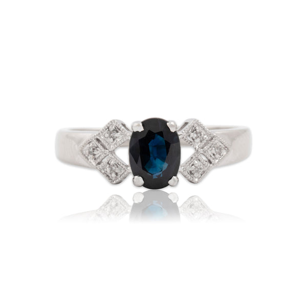 Vintage 14k White Gold .99ct Blue Sapphire Diamond Elegant Directional Ring 5.75