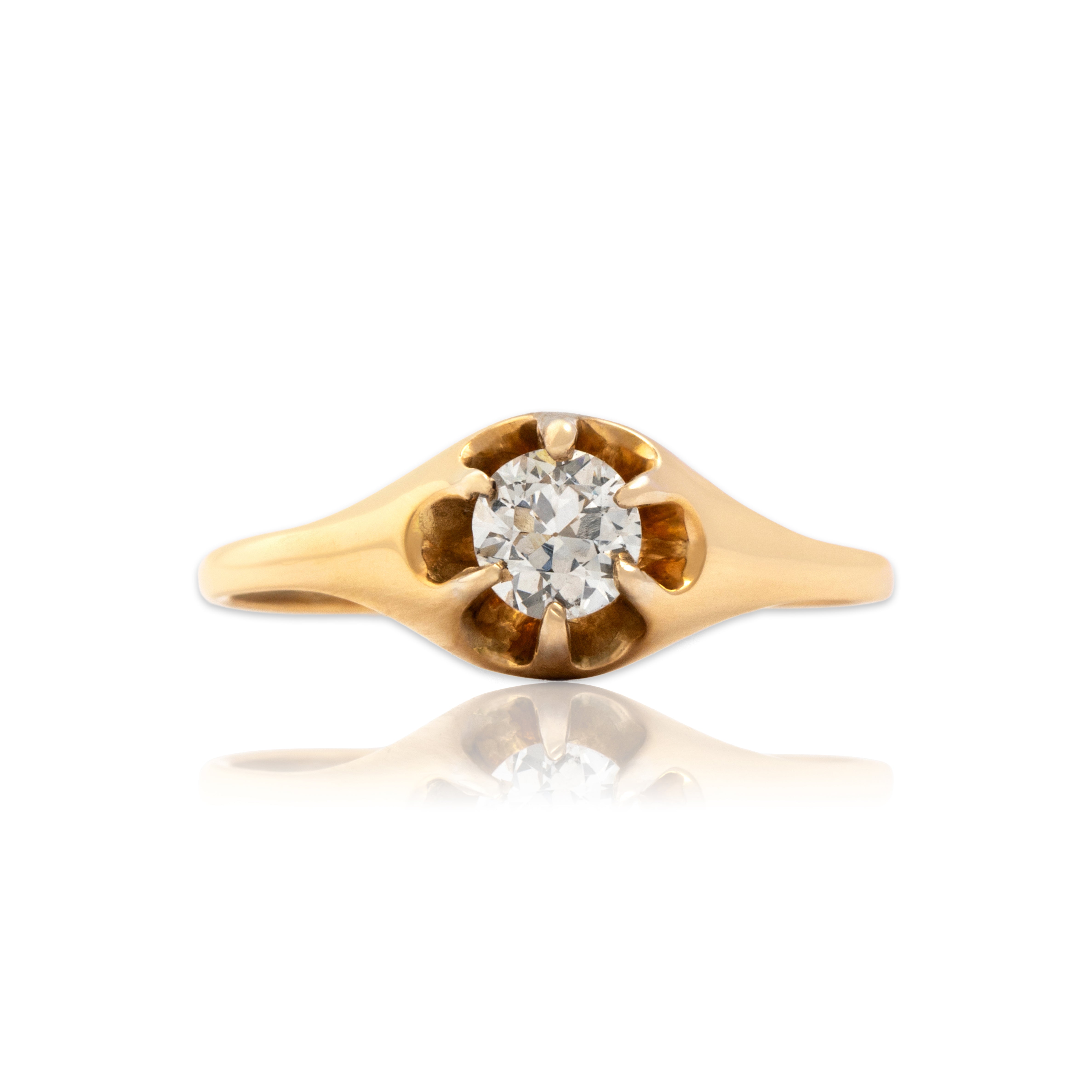 Antique 14k Yellow Gold Old European Cut Diamond Buttercup-Set Stunning Solitaire Ring - Close-up view