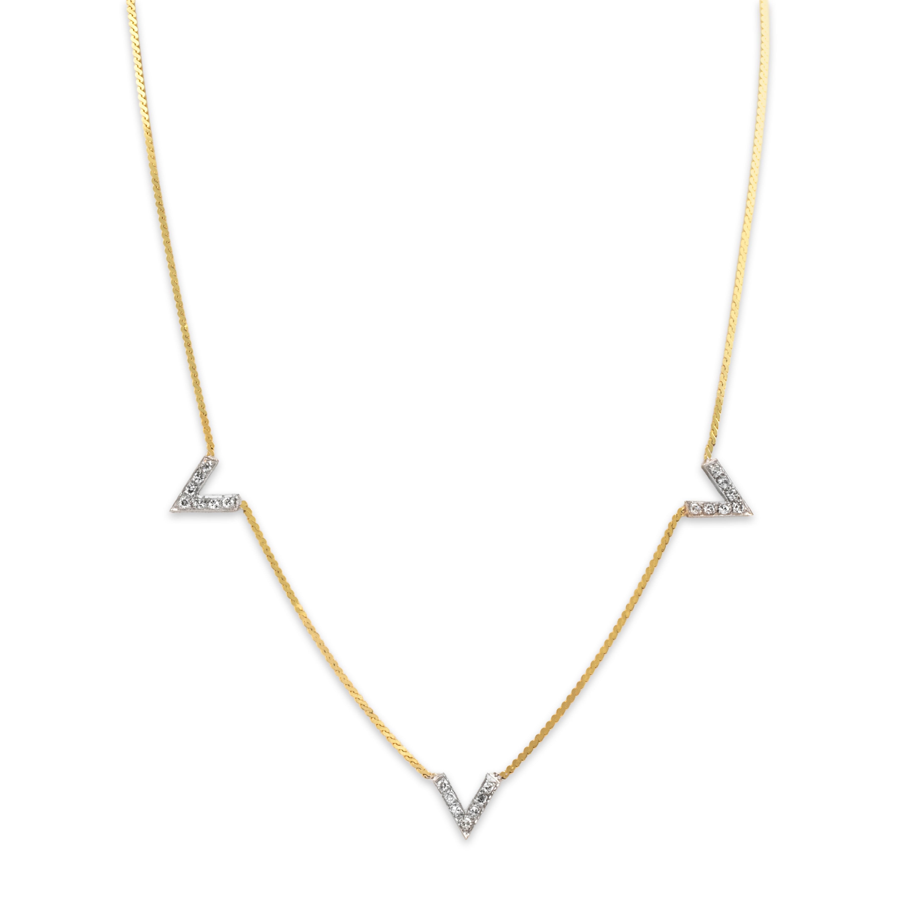 Vintage 14k Yellow & White Gold Diamond Edgy V-Shape Necklace - Close-up view