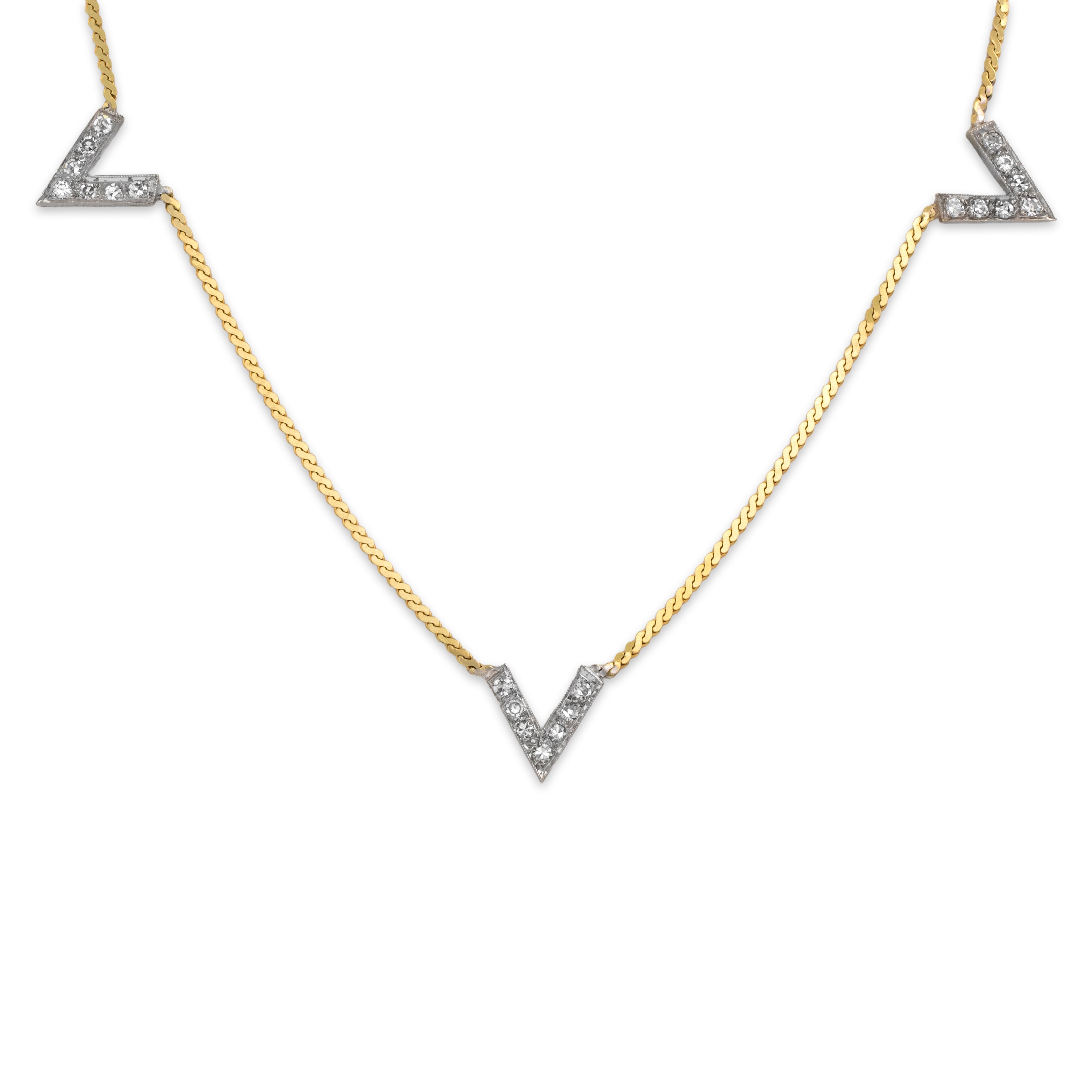 Vintage 14k Yellow & White Gold Diamond Edgy V-Shape Necklace - detail view #1