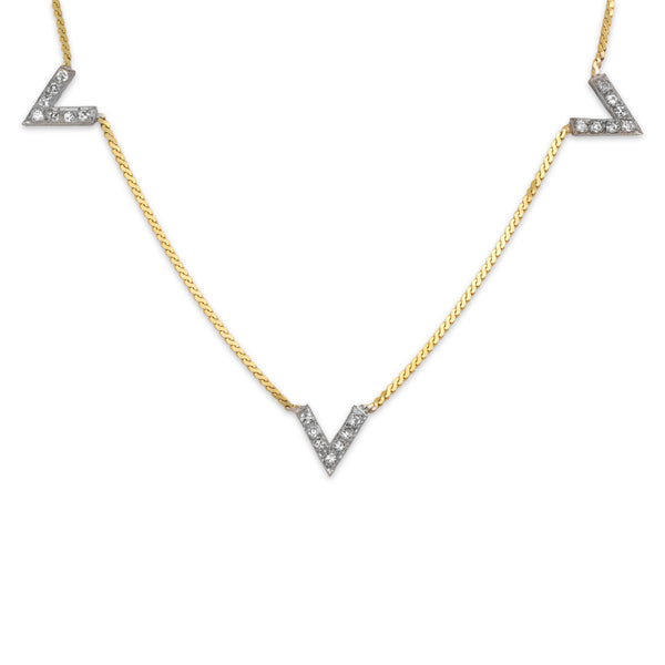 Vintage 14k Yellow & White Gold Diamond Edgy V-Shape Necklace 16