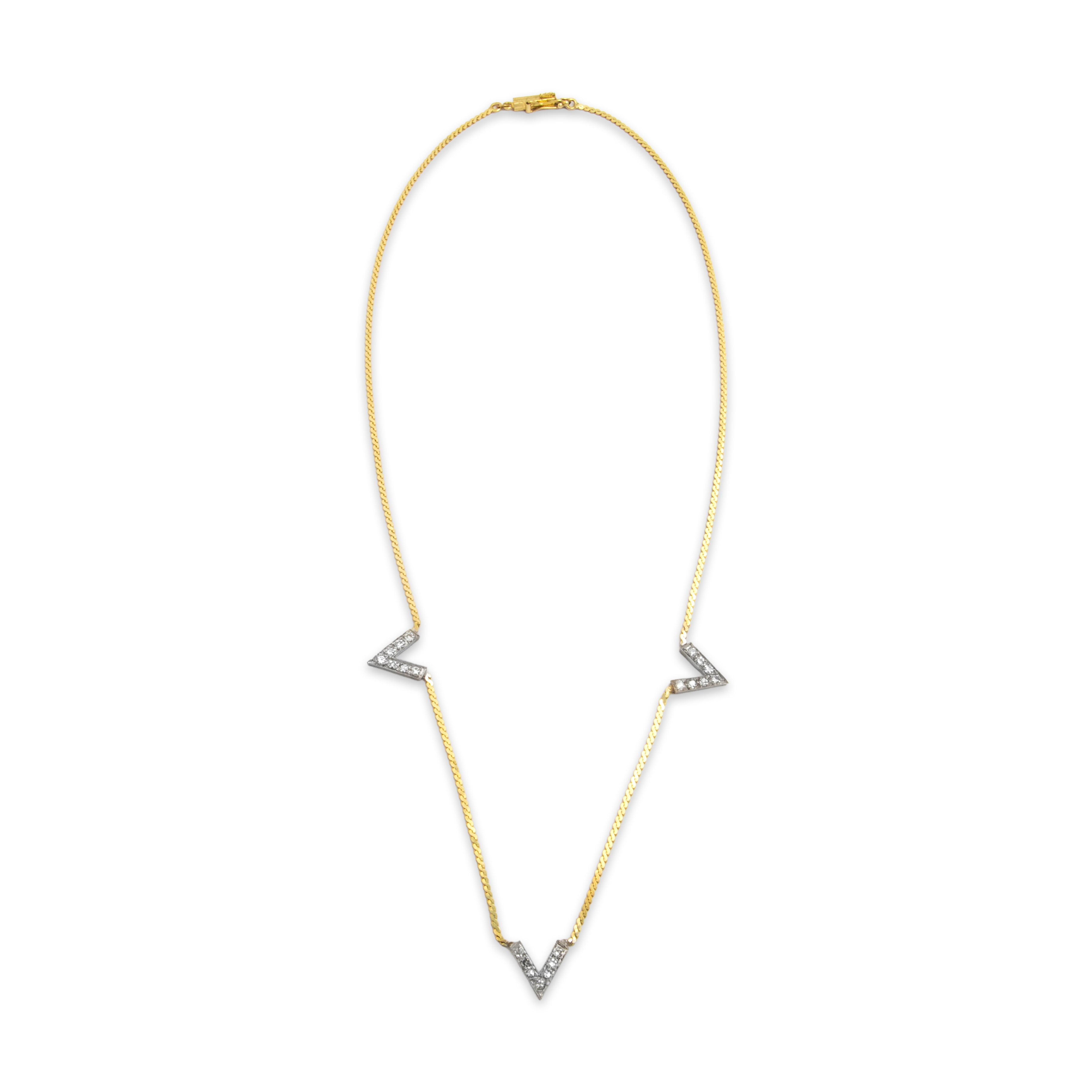 Vintage 14k Yellow & White Gold Diamond Edgy V-Shape Necklace - Overall view